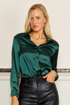 Top Formal Satin Long Sleeve Button Down Blouse Top Emerald