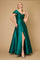 A stunning emerald green one-shoulder long formal ball gown, elegantly draping to the floor, perfect for evening events.