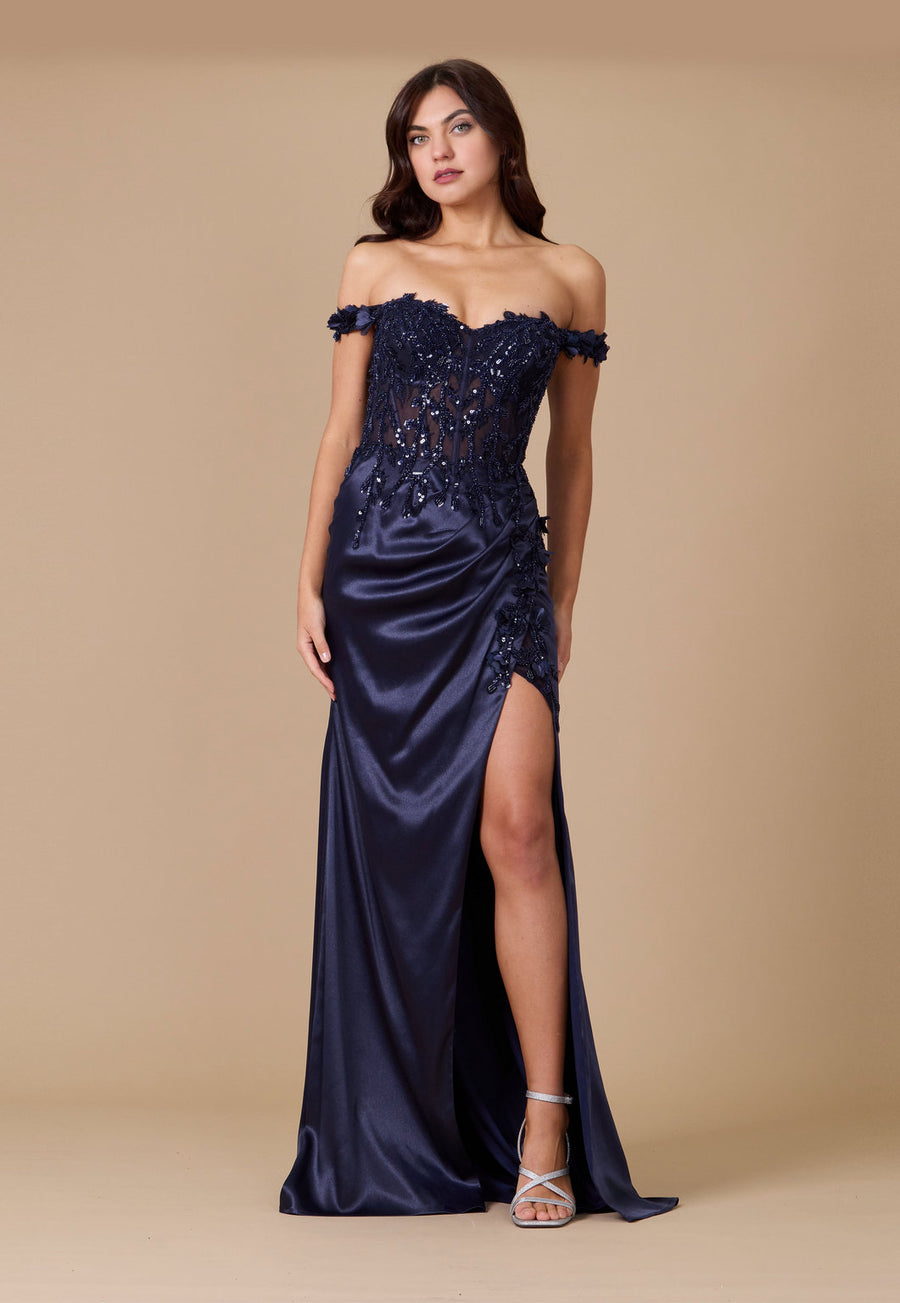 Prom Dresses Fitted Corset Off the Shoulder Formal Prom Dress Navy