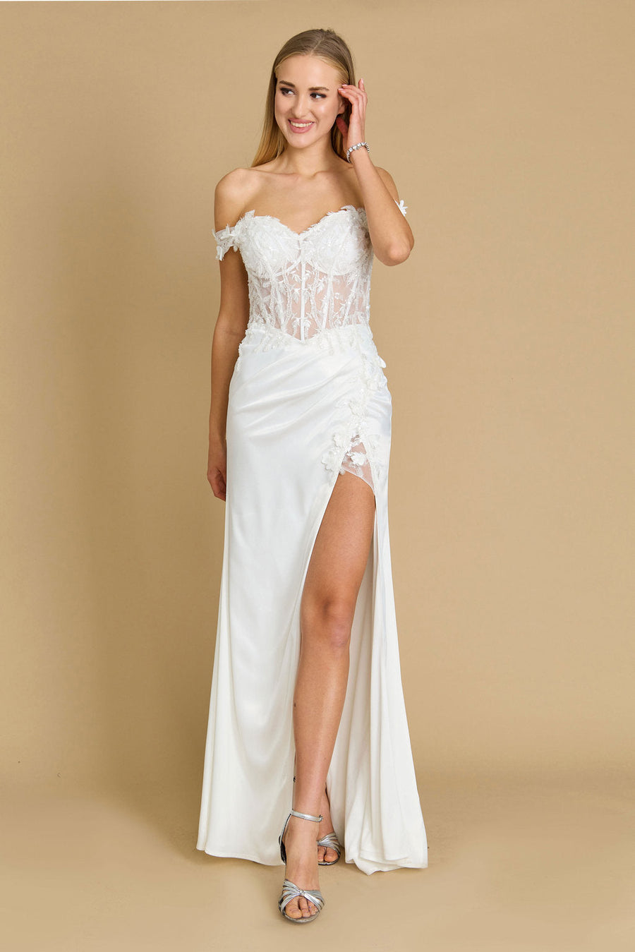 Fitted Corset Off the Shoulder Formal Prom Dress Ivory