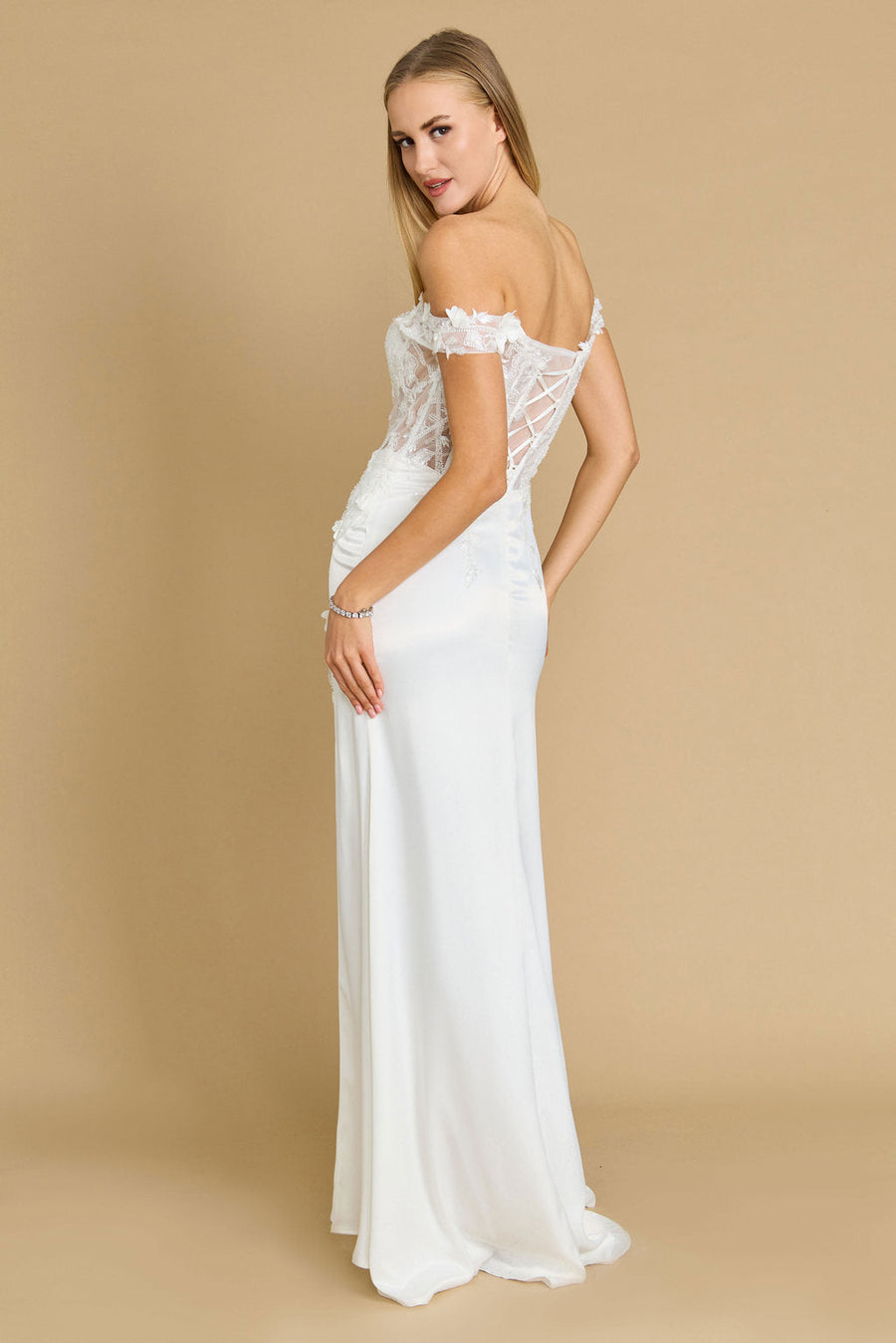 A stunning ivory off-the-shoulder formal prom dress featuring a fitted corset bodice, elegantly accentuating the waist and creating a sophisticated silhouette.