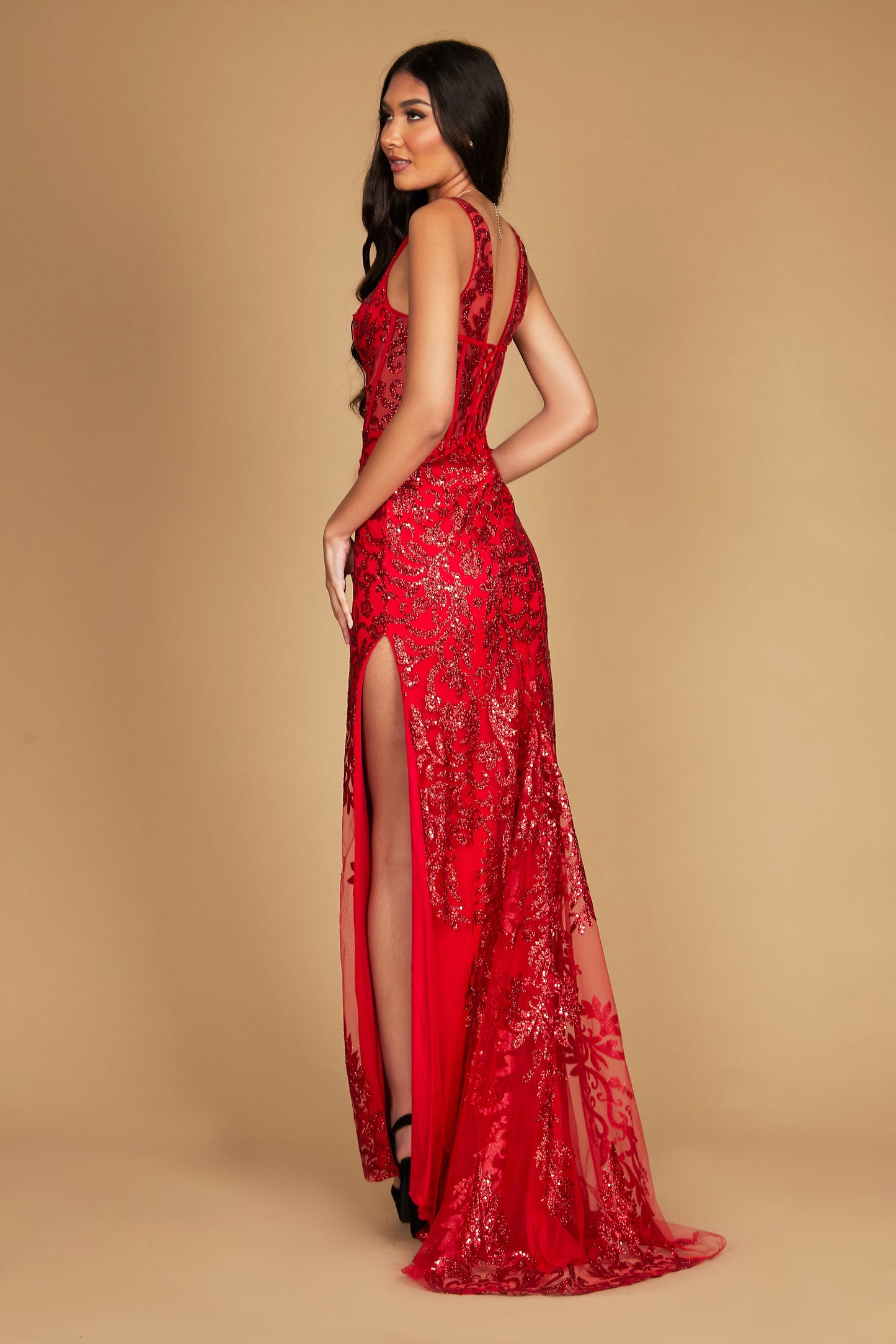 Sequin Corset Bodice Formal Prom Dress Red