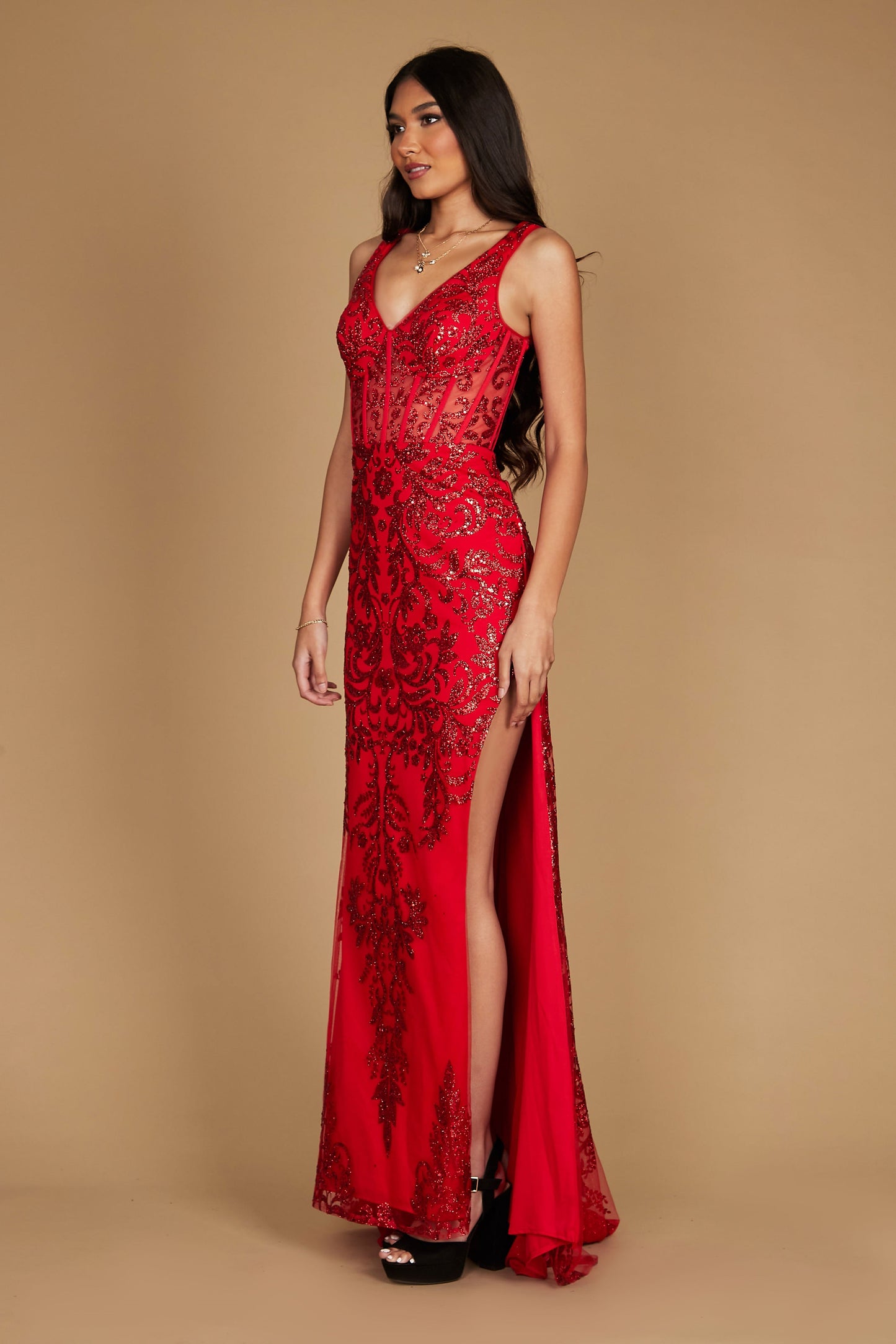 Sequin Corset Bodice Formal Prom Dress Red