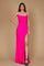 A stunning long formal low back prom dress in vibrant fuchsia, featuring a sleek silhouette that elegantly flows to the floor, showcasing a sophisticated design perfect for special occasions.