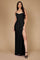 A stunning long formal low back prom dress in black, featuring a sleek silhouette that elegantly flows to the floor, showcasing a sophisticated design with a deep V-back and delicate straps.