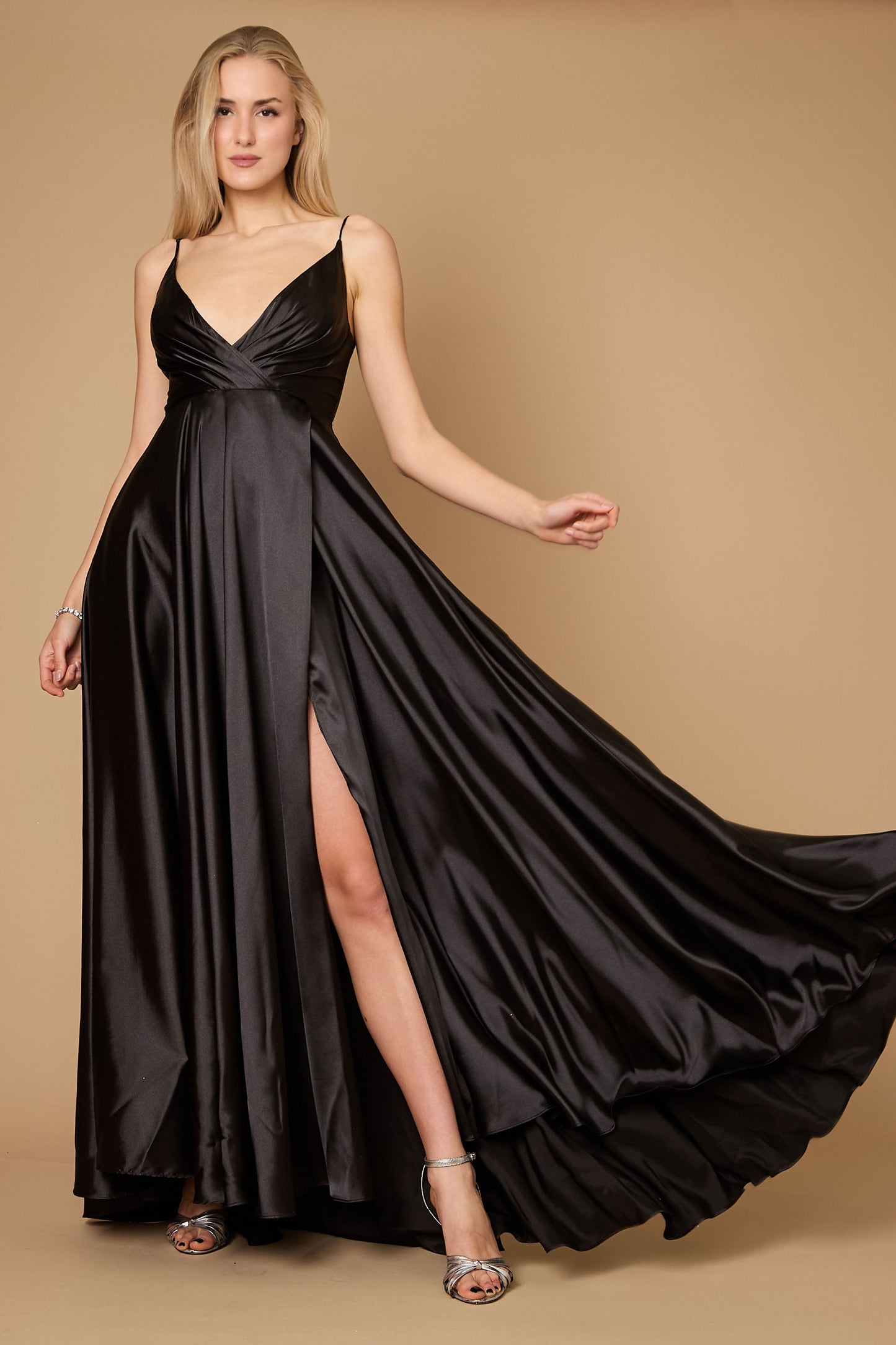 Dylan & Davids Long Flowy Satin Formal Prom Party Dress Black