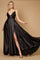 A stunning black satin formal prom party dress featuring a long, flowy silhouette that elegantly drapes to the floor, perfect for a glamorous evening event.