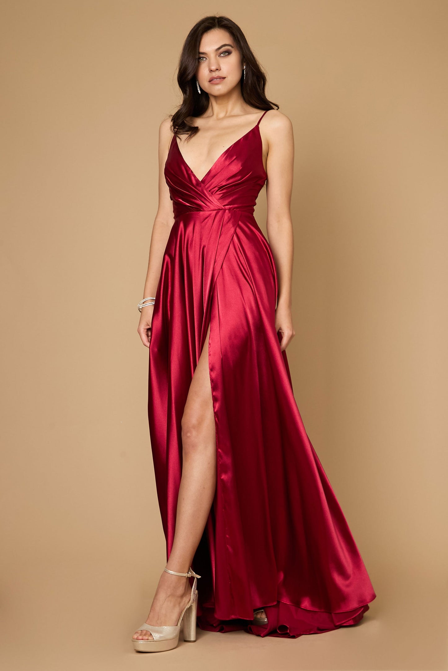 Long Flowy Satin Formal Prom Party Dress Burgundy