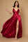 A stunning burgundy satin formal prom party dress featuring a long, flowy silhouette that gracefully cascades to the floor, perfect for an elegant evening event.