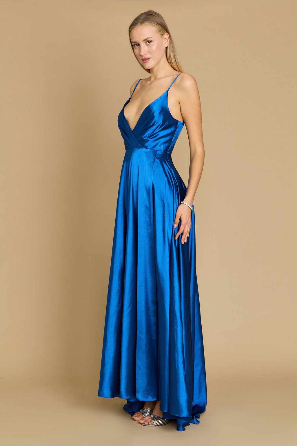 Long Flowy Satin Formal Prom Party Dress Teal