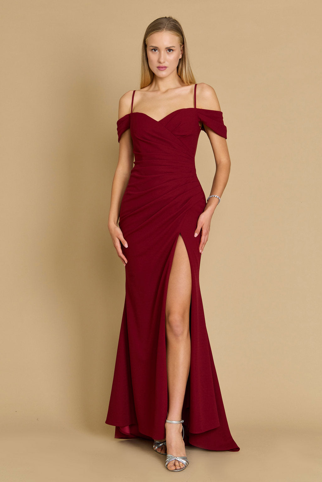 Burgundy Dylan & Davids Long Formal Off The Shoulder Wrap Evening Dress for  $89.99 – The Dress Outlet