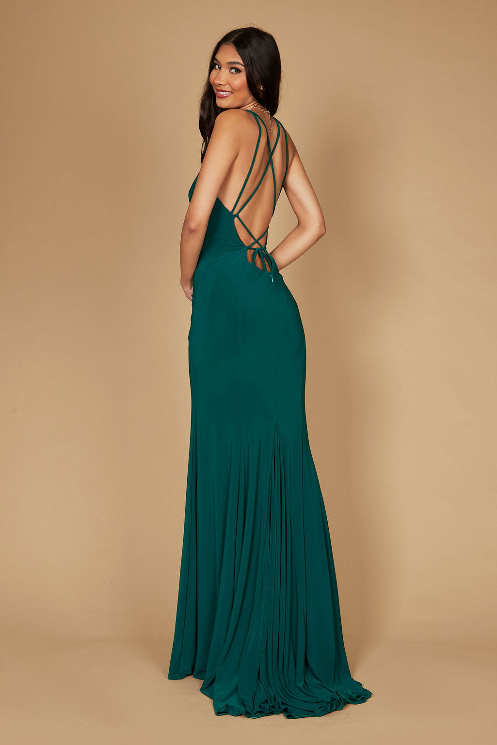 Dylan & Davids Long Fitted Open Back Jersey Prom Dress Emerald Green