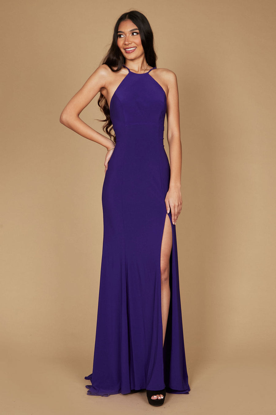 Dylan & Davids Long Fitted Open Back Jersey Prom Dress Plum