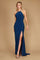 A stunning long fitted navy prom dress featuring an elegant open back design, crafted from soft jersey fabric that gracefully hugs the silhouette.