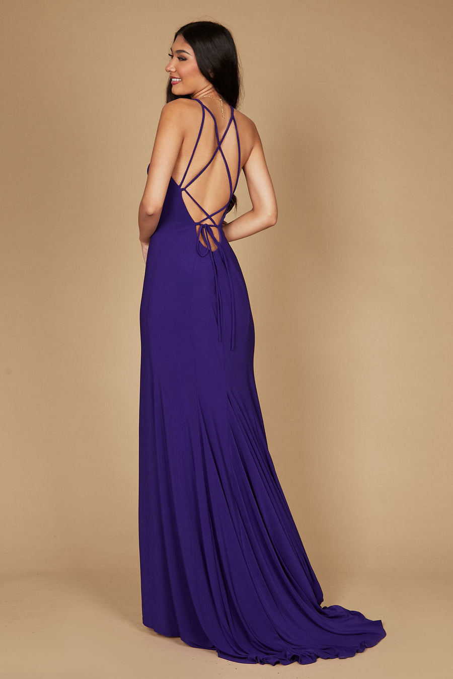 Dylan & Davids Long Fitted Open Back Jersey Prom Dress Plum