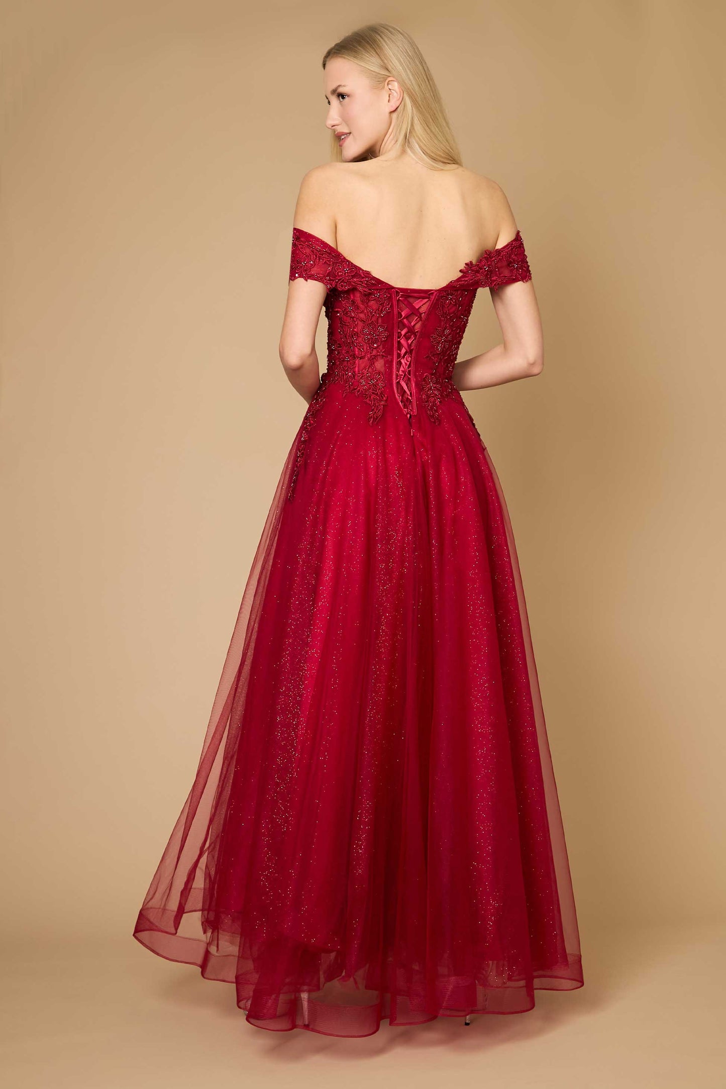 A stunning burgundy long off-shoulder corset formal dress, featuring elegant draping and a fitted bodice that accentuates the waist, perfect for a sophisticated evening event.