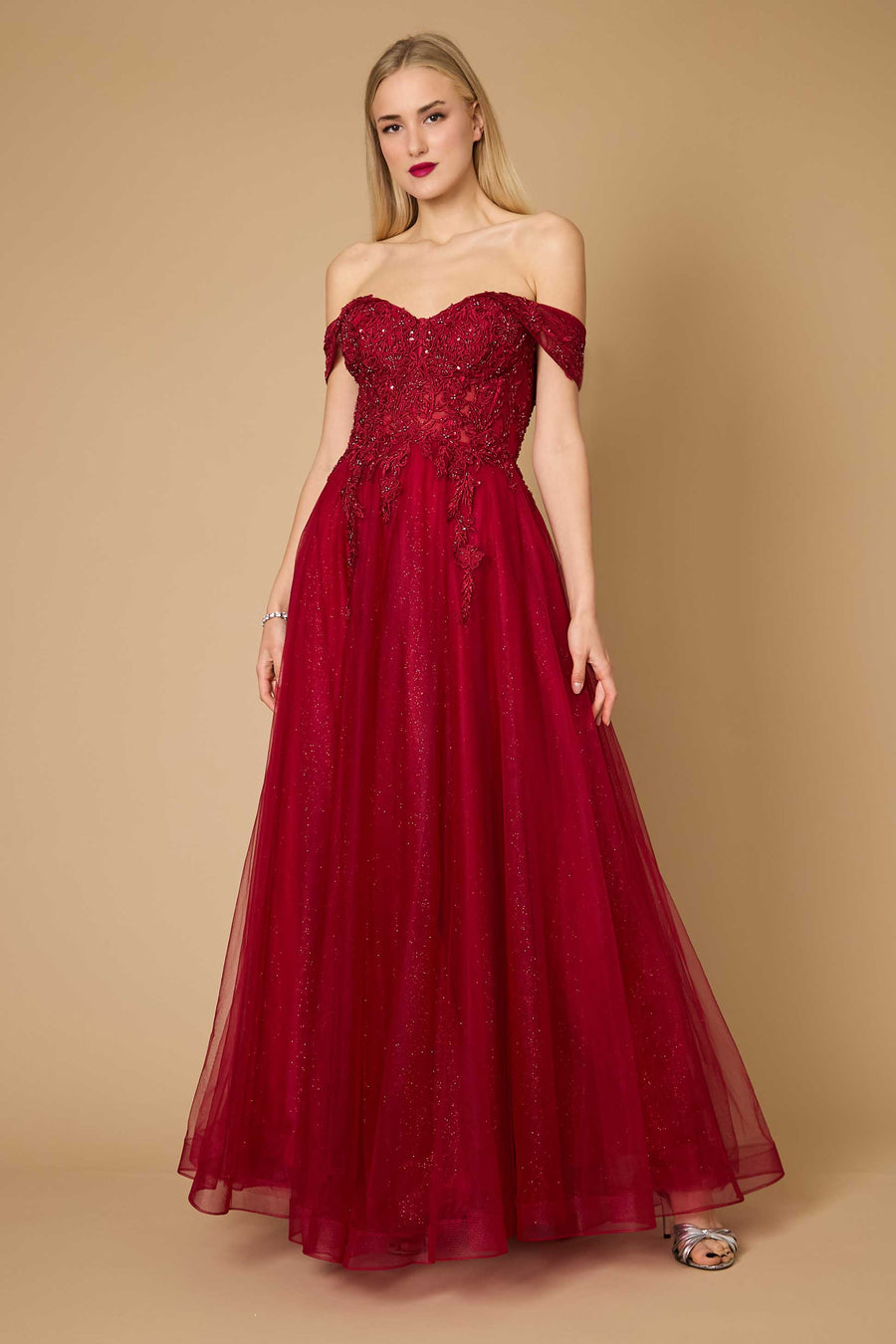 Dylan & Davids Long Off Shoulder Corset Formal Dress Burgundy