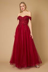 Dylan & Davids Long Off Shoulder Corset Formal Dress Burgundy