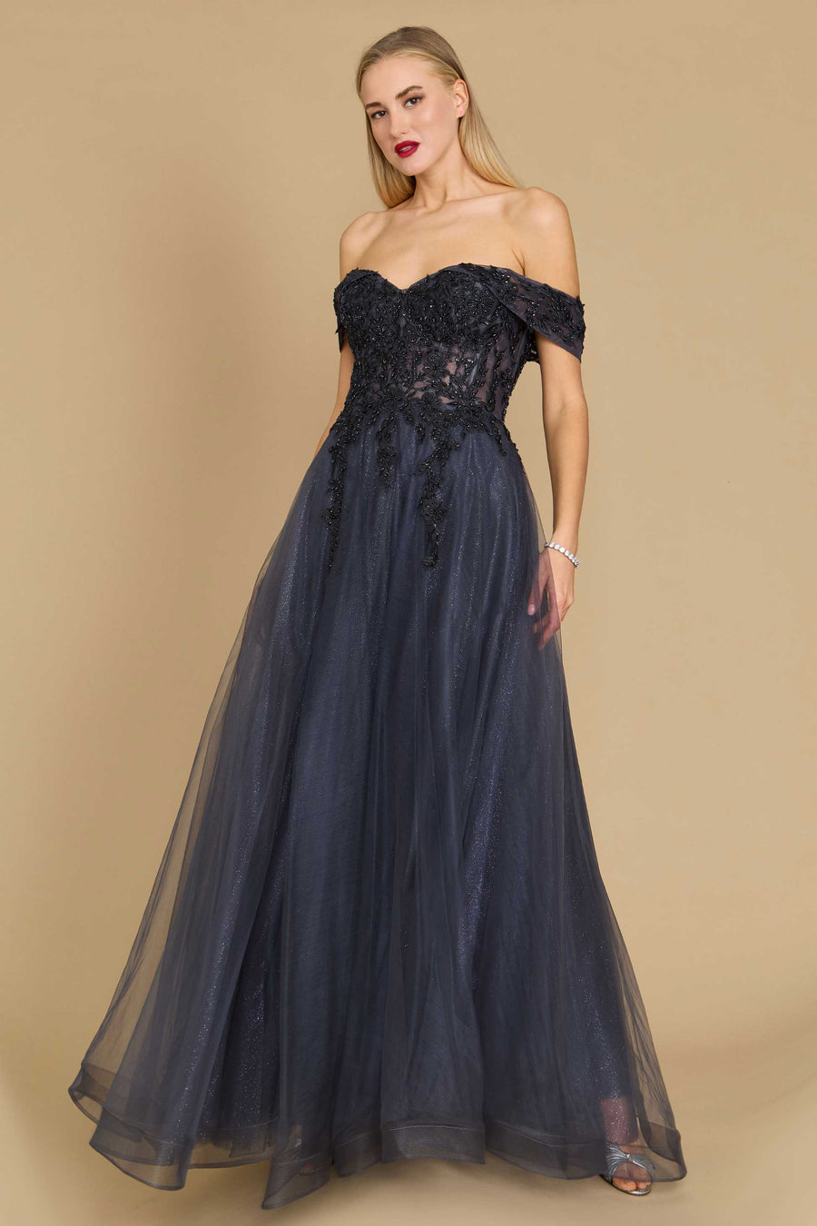 A stunning long off-shoulder corset formal dress featuring intricate detailing and a flowing skirt, perfect for elegant evening events.