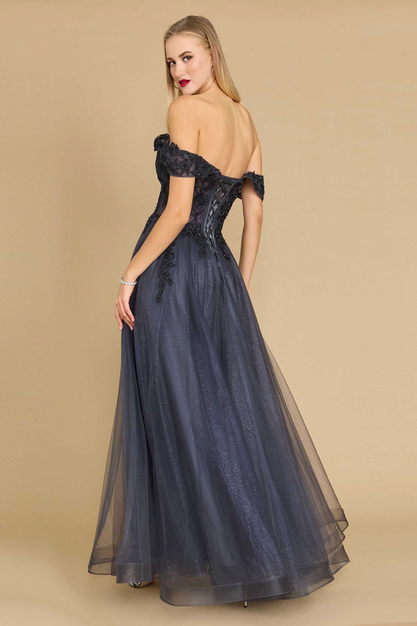 A stunning long off-shoulder corset formal dress featuring intricate detailing and a flowing skirt, perfect for elegant evening events.