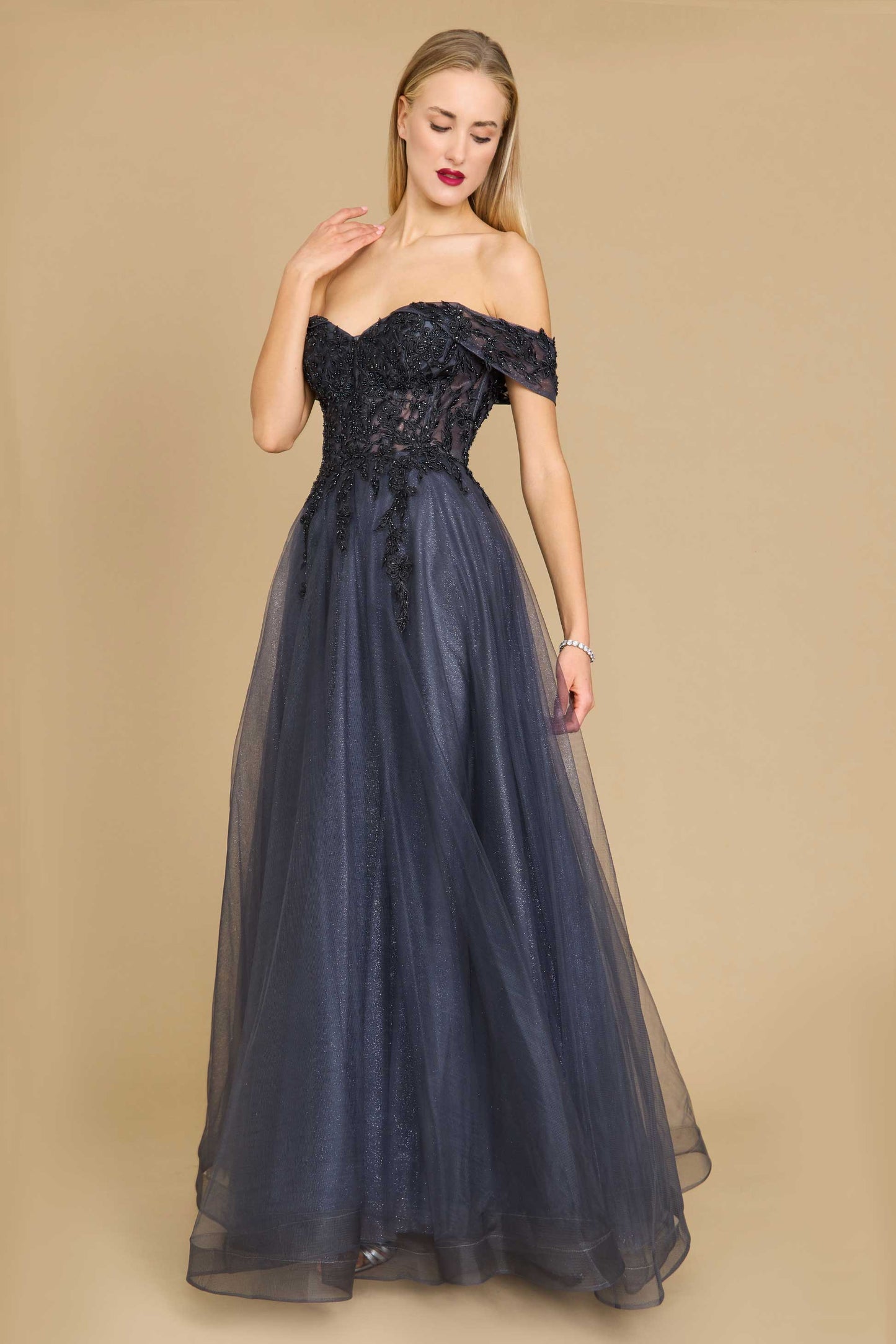 A stunning long off-shoulder corset formal dress featuring intricate detailing and a flowing skirt, perfect for elegant evening events.