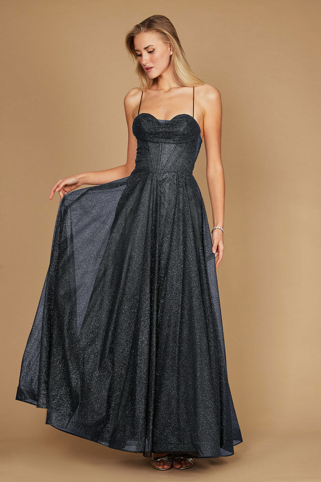 Long Sparkling Cowl Corset Prom Dress Charcoal