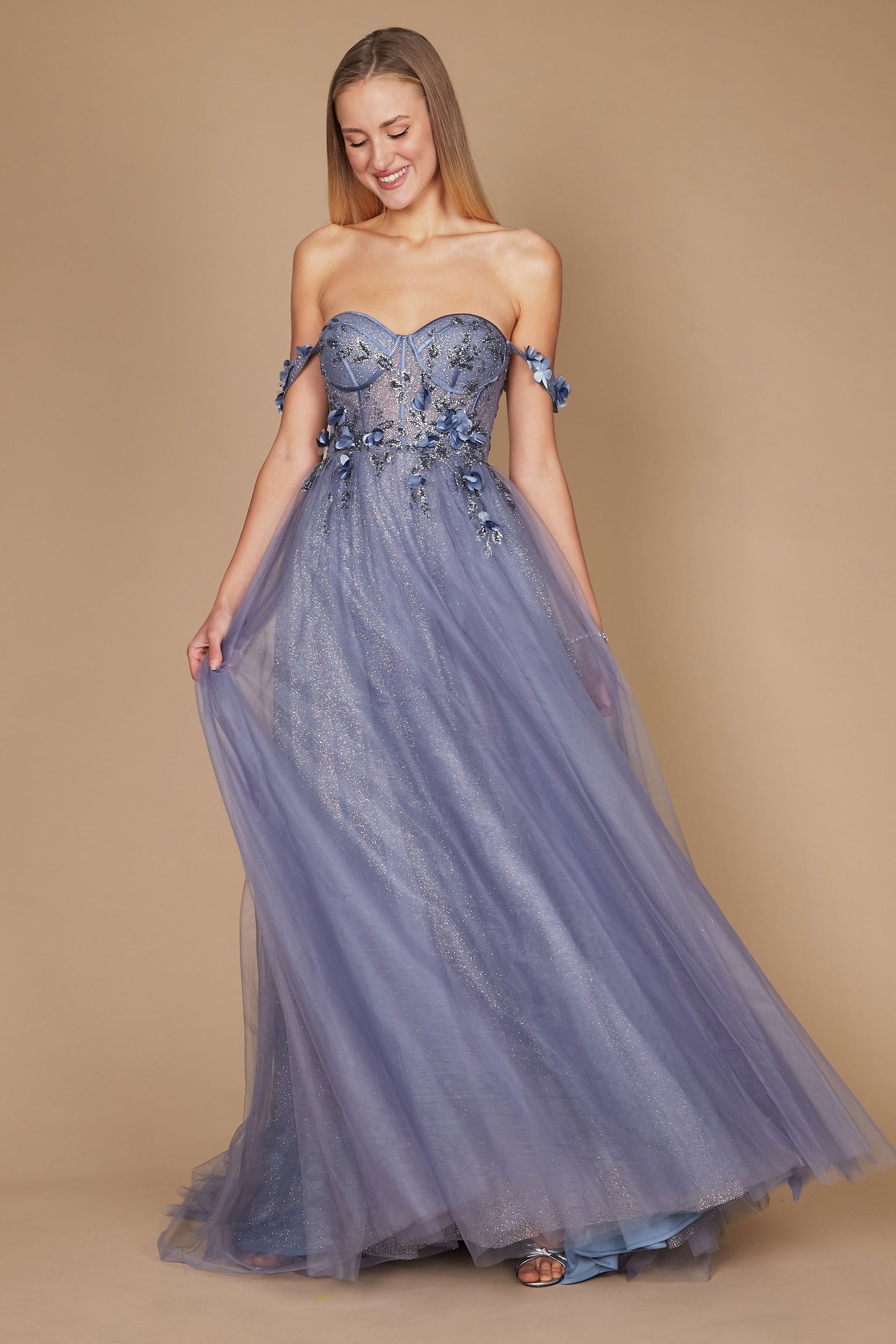 Dylan & Davids Long Strapless Floral Off Shoulder Formal Prom Dress Periwinkle Blue