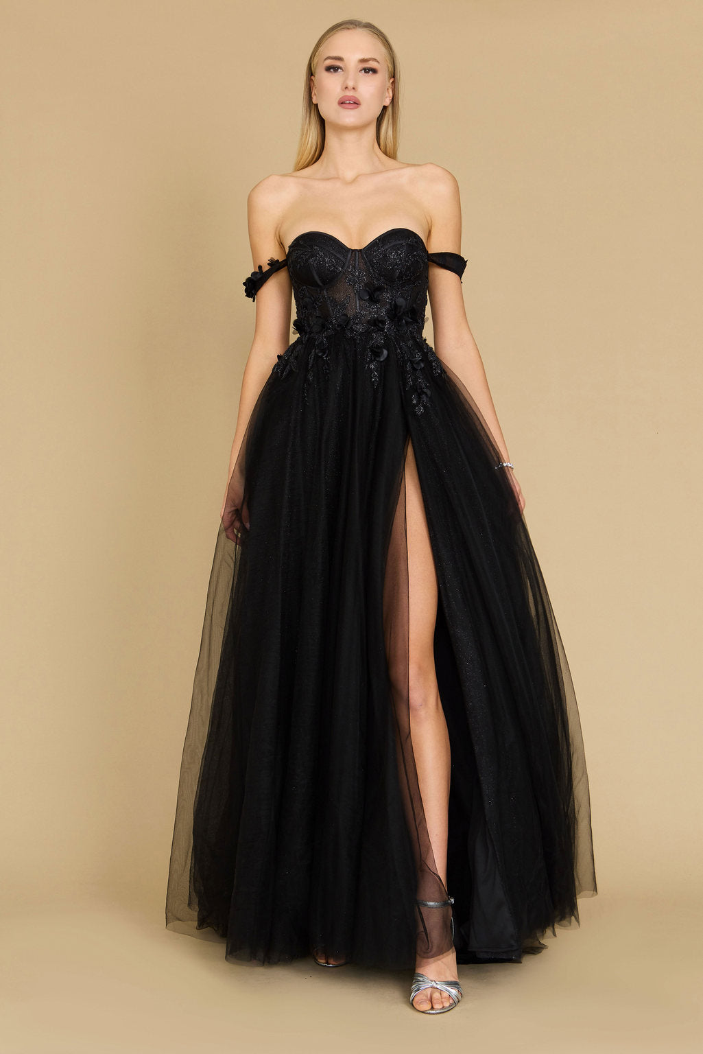 Prom Dresses Long Strapless Floral Off Shoulder Formal Prom Dress Black