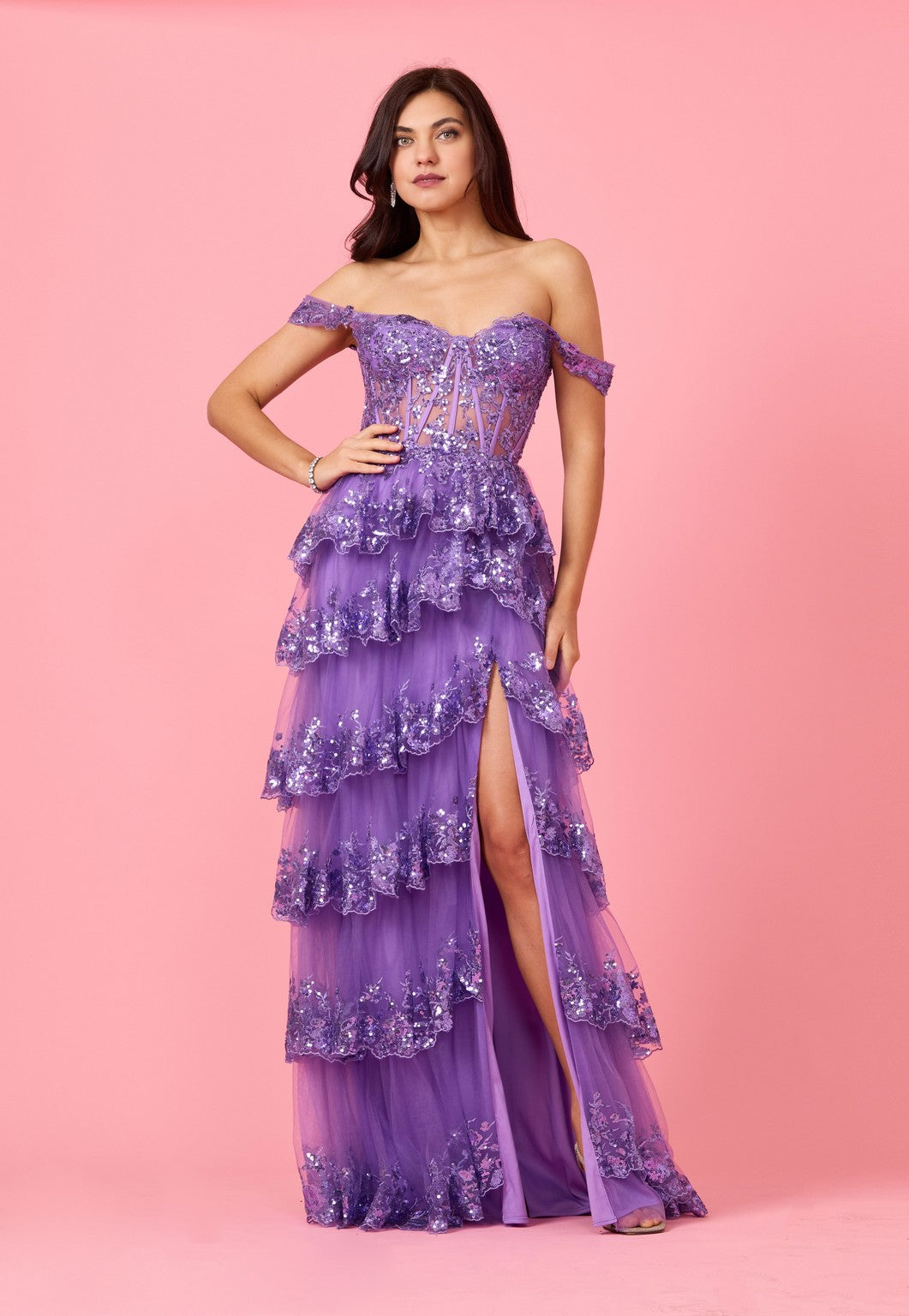 Formal Dresses Long Sequin Sheer Corset Prom Dress Dark Lilac