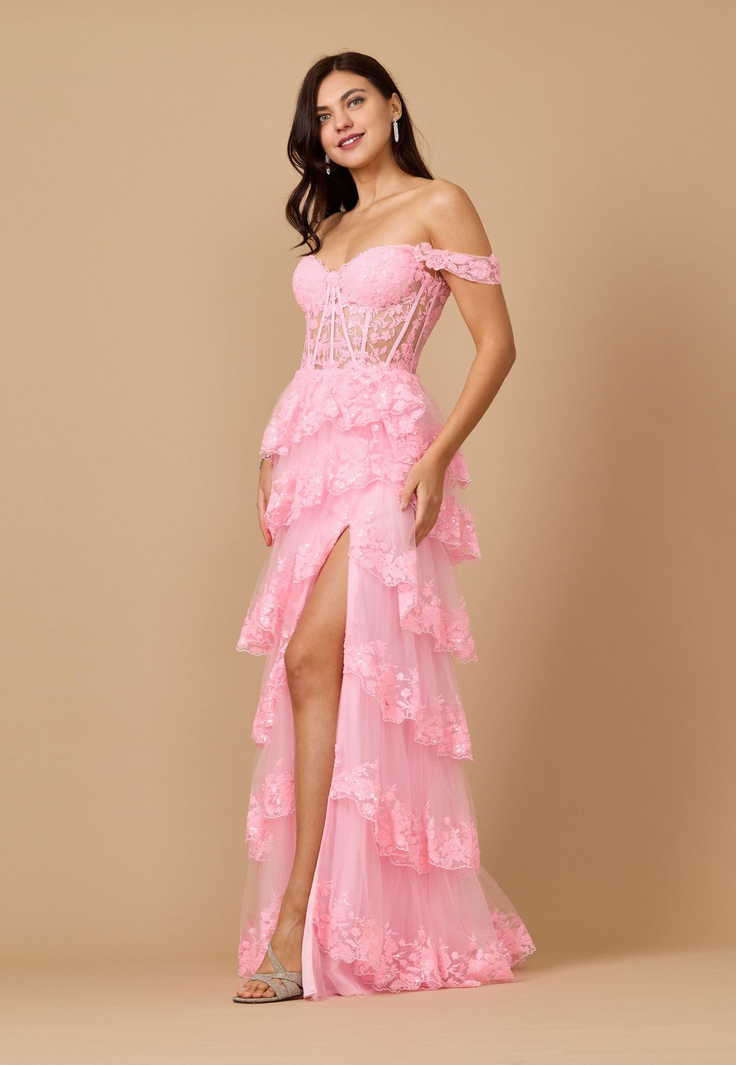 Formal Dresses Long Sequin Sheer Corset Prom Dress Pink