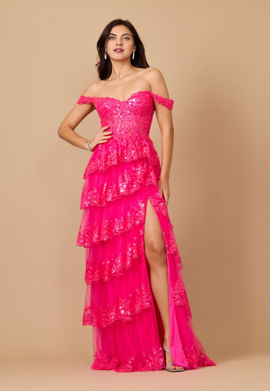 Formal Dresses Long Sequin Sheer Corset Prom Dress Fuchsia