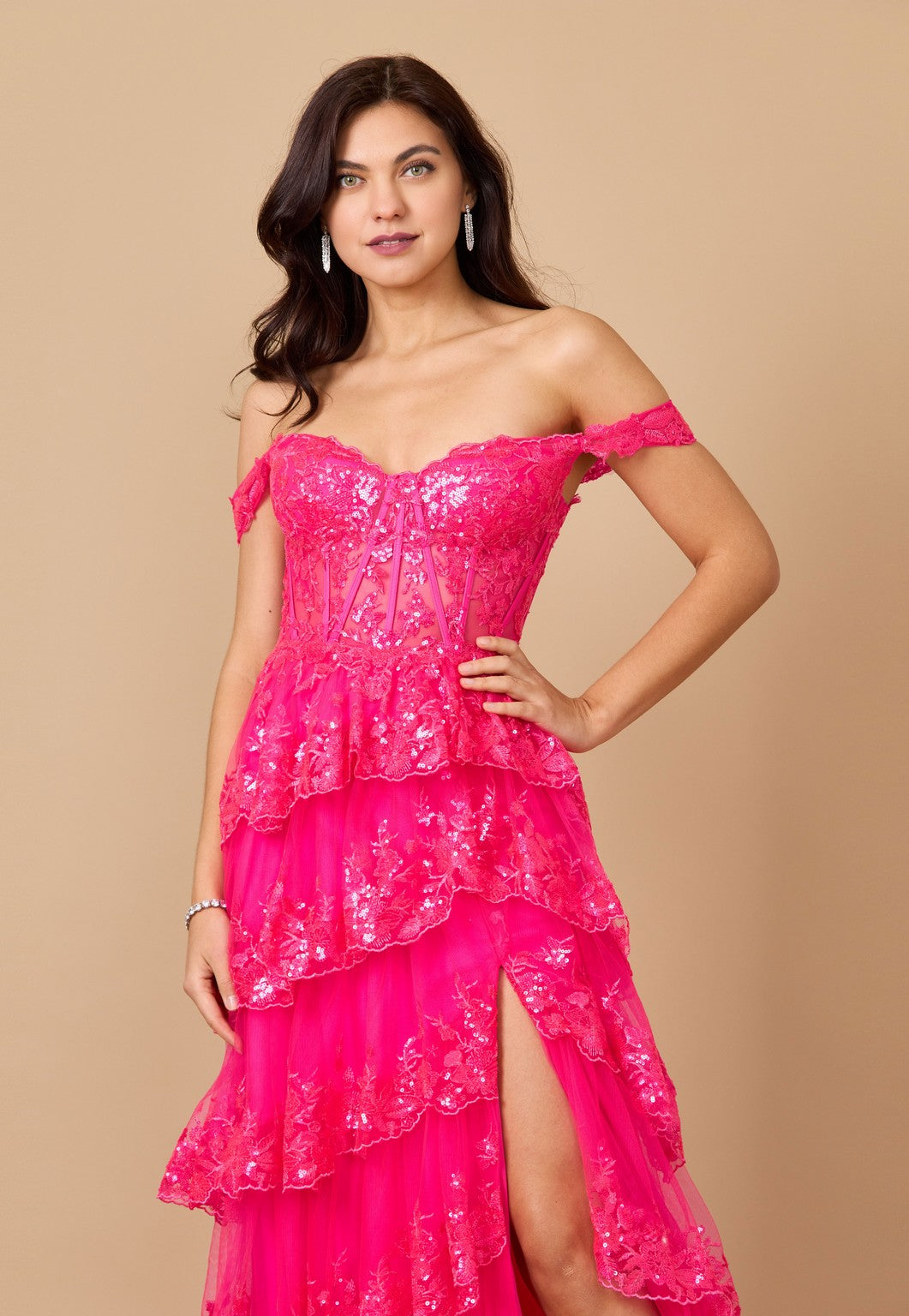 Formal Dresses Long Sequin Sheer Corset Prom Dress Fuchsia