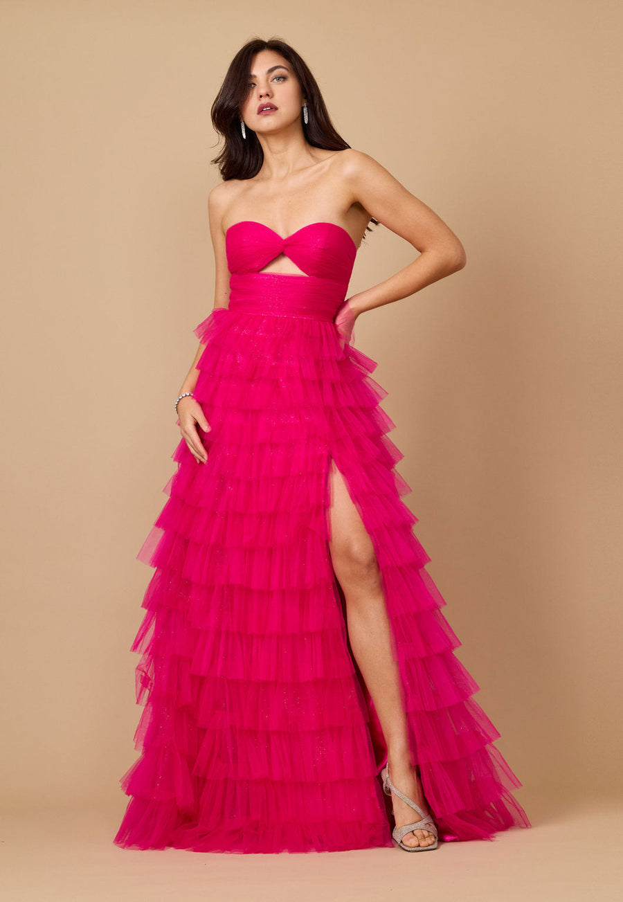 Prom Dresses Strapless Ruffle Skirt Prom Ball Gown Fuchsia