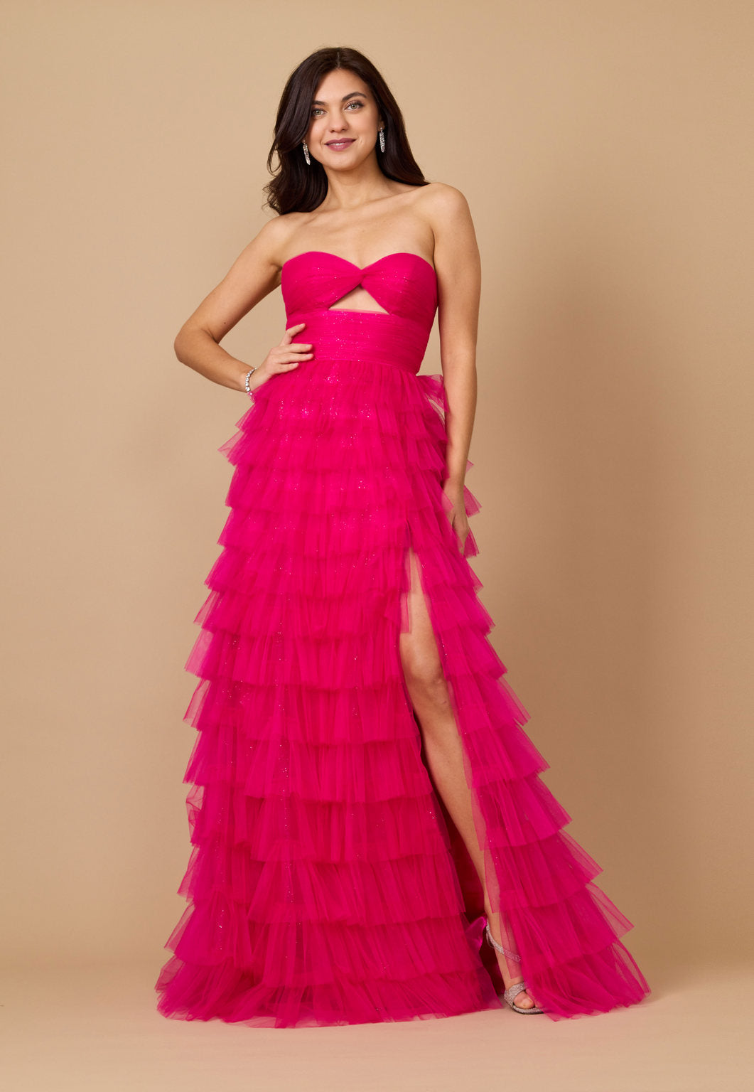 Prom Dresses Strapless Ruffle Skirt Prom Ball Gown Fuchsia