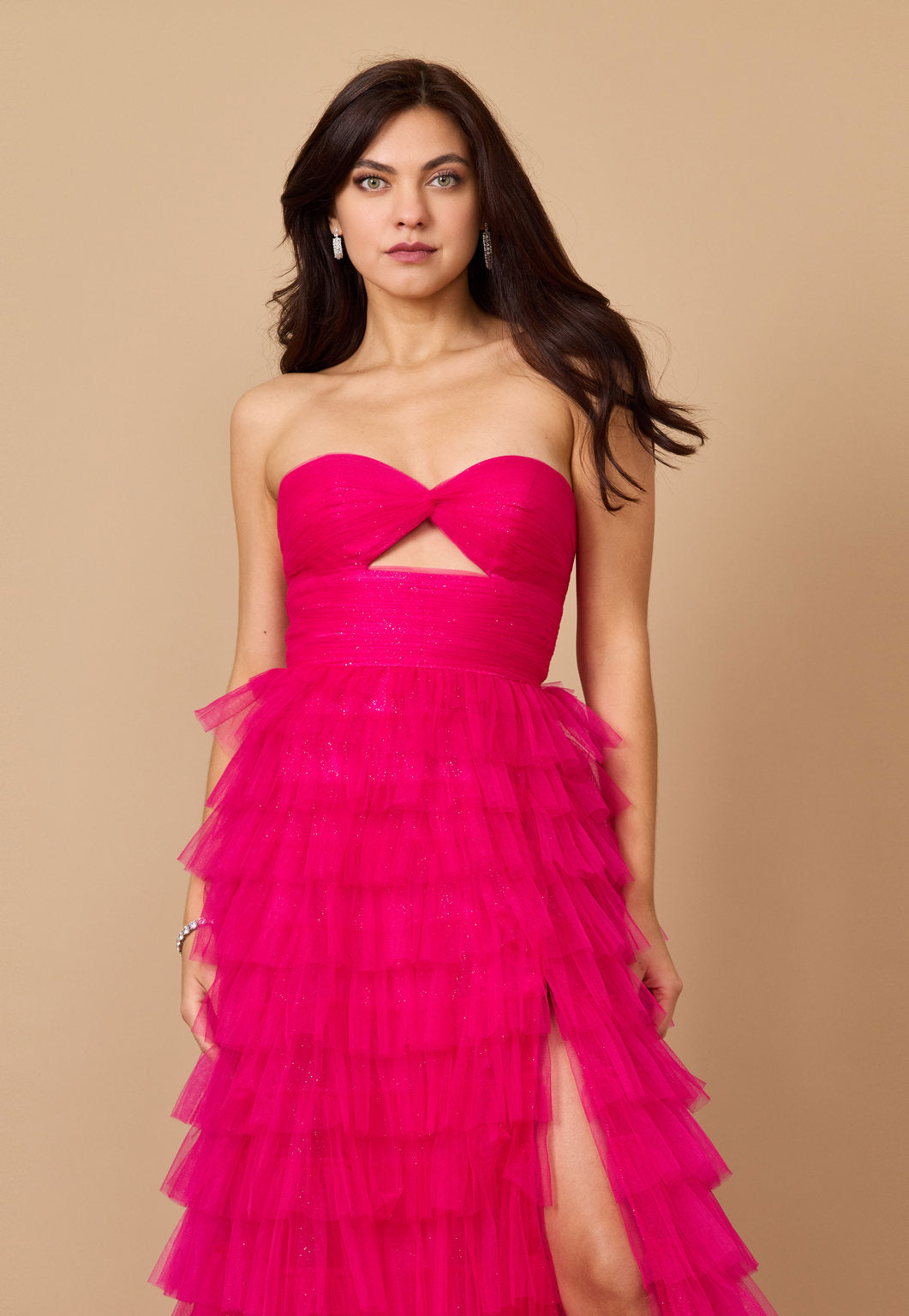 Prom Dresses Strapless Ruffle Skirt Prom Ball Gown Fuchsia