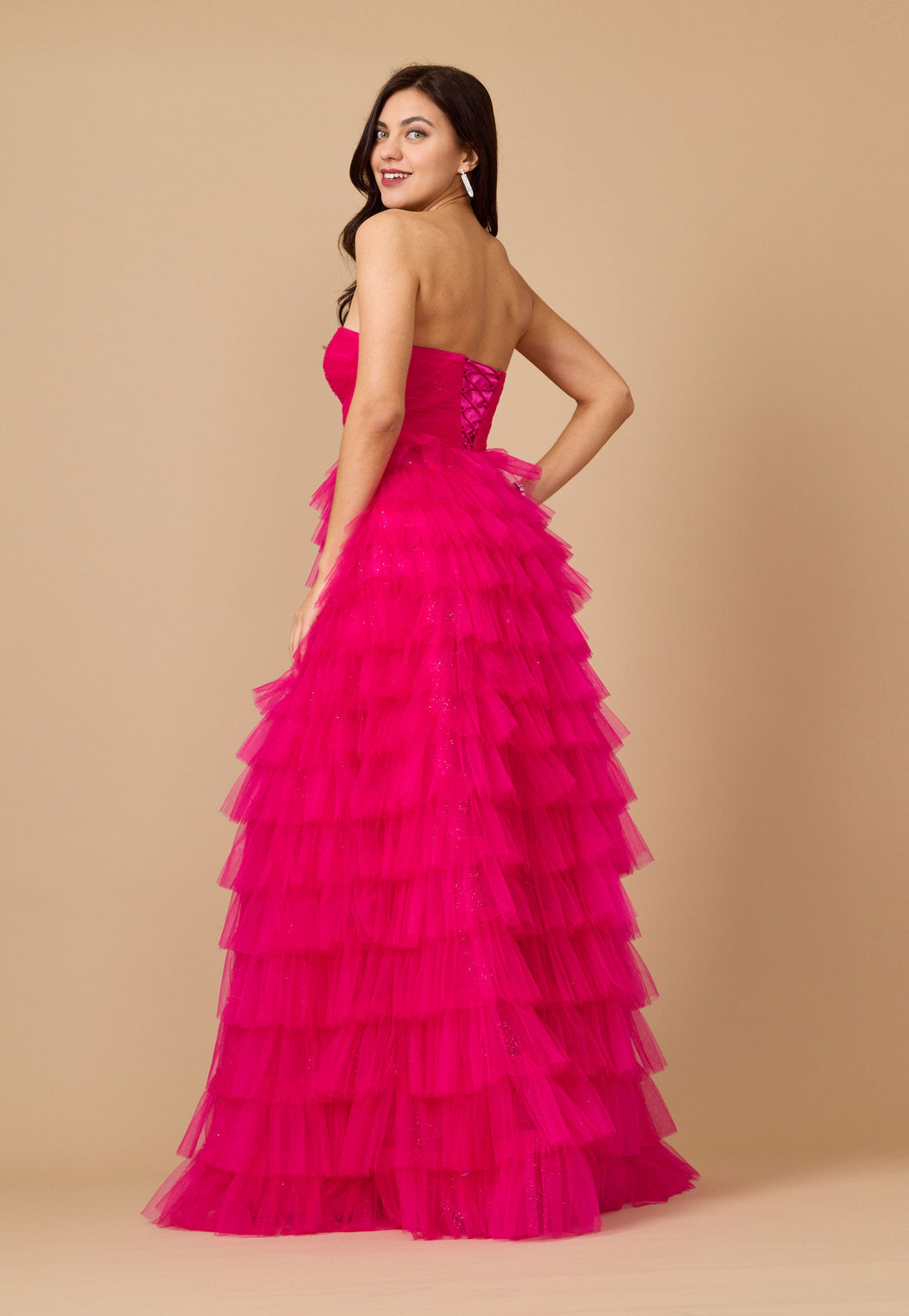 Prom Dresses Strapless Ruffle Skirt Prom Ball Gown Fuchsia