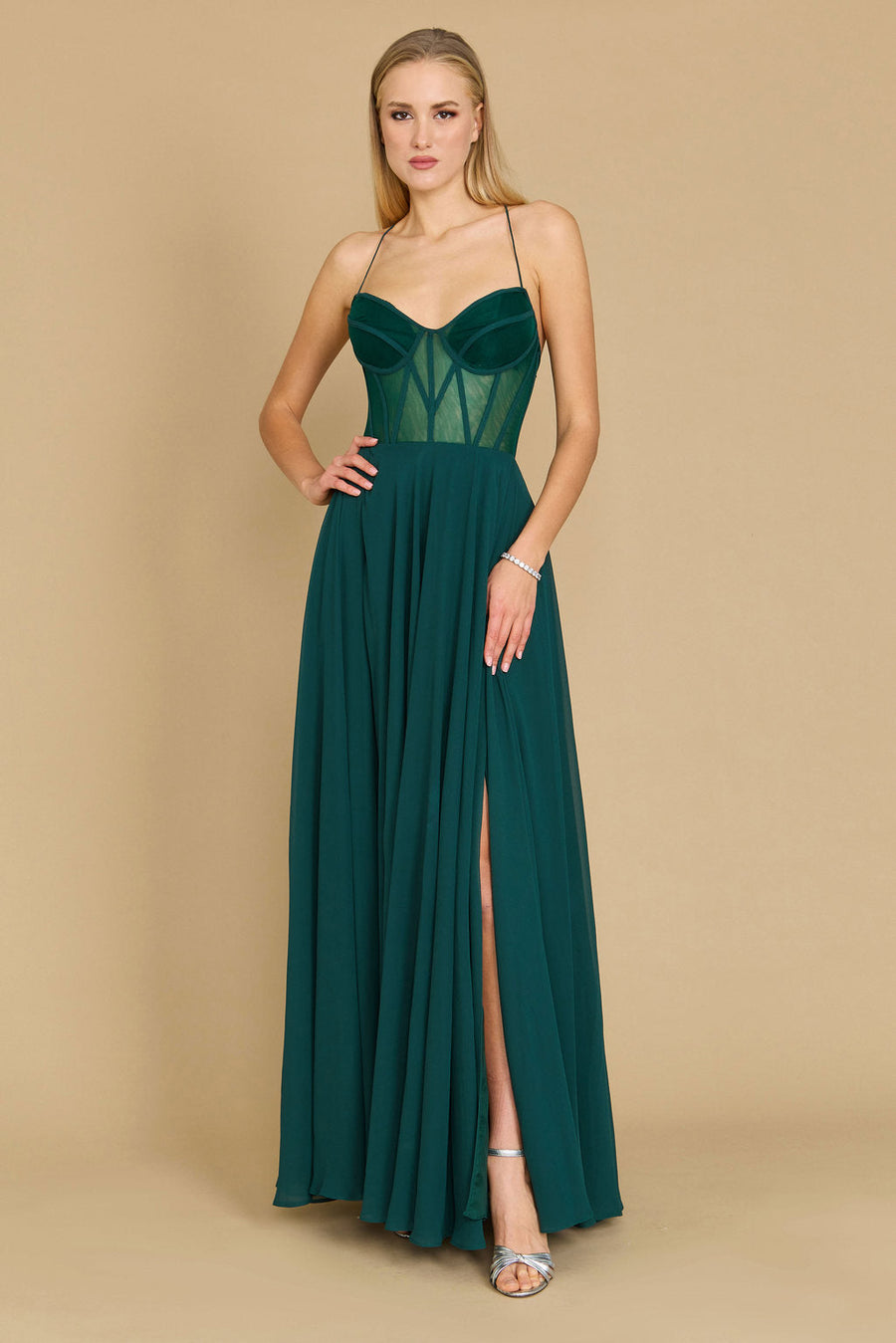 Long Chiffon Corset Formal Prom Dress Emerald Green