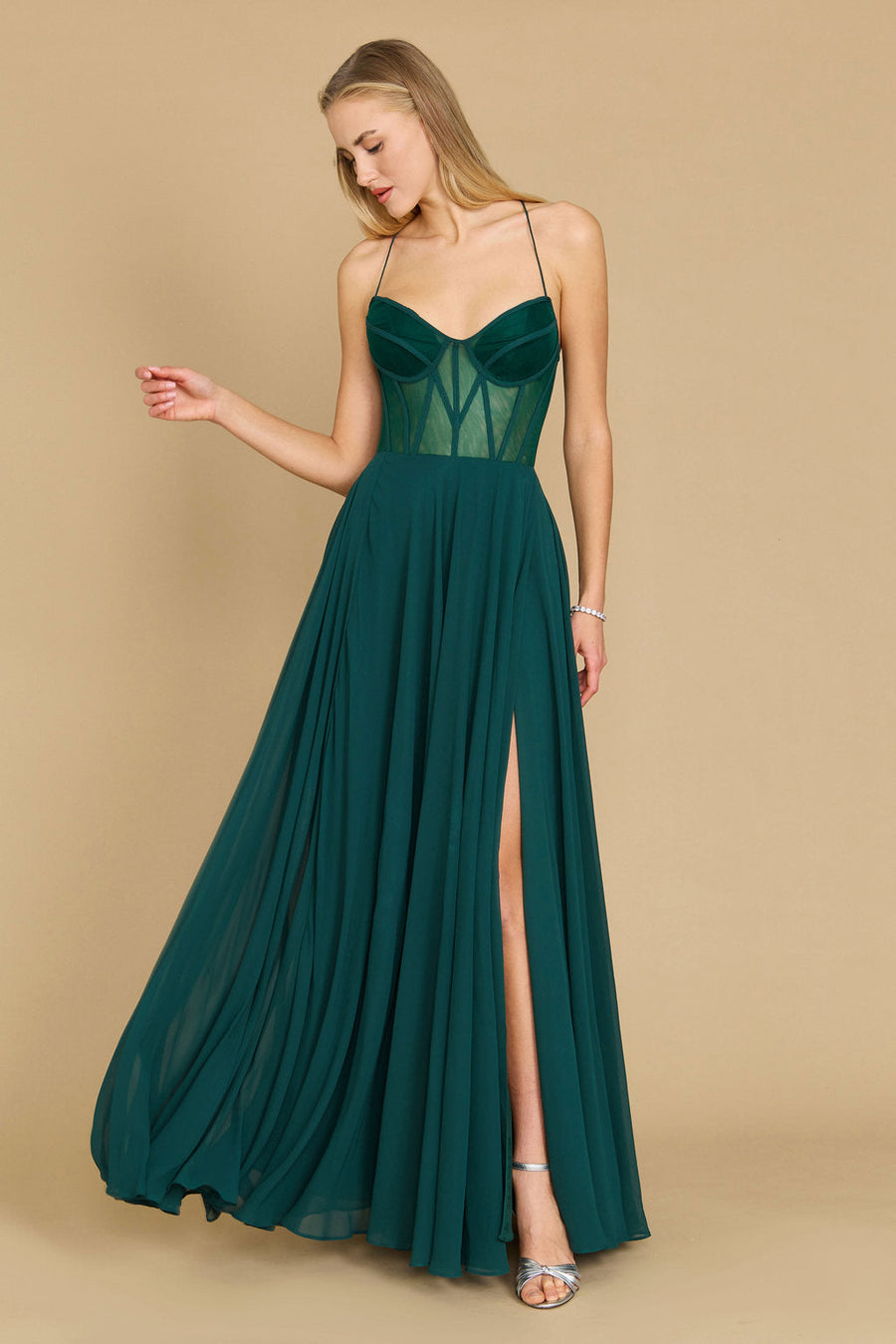 Long Chiffon Corset Formal Prom Dress Emerald Green