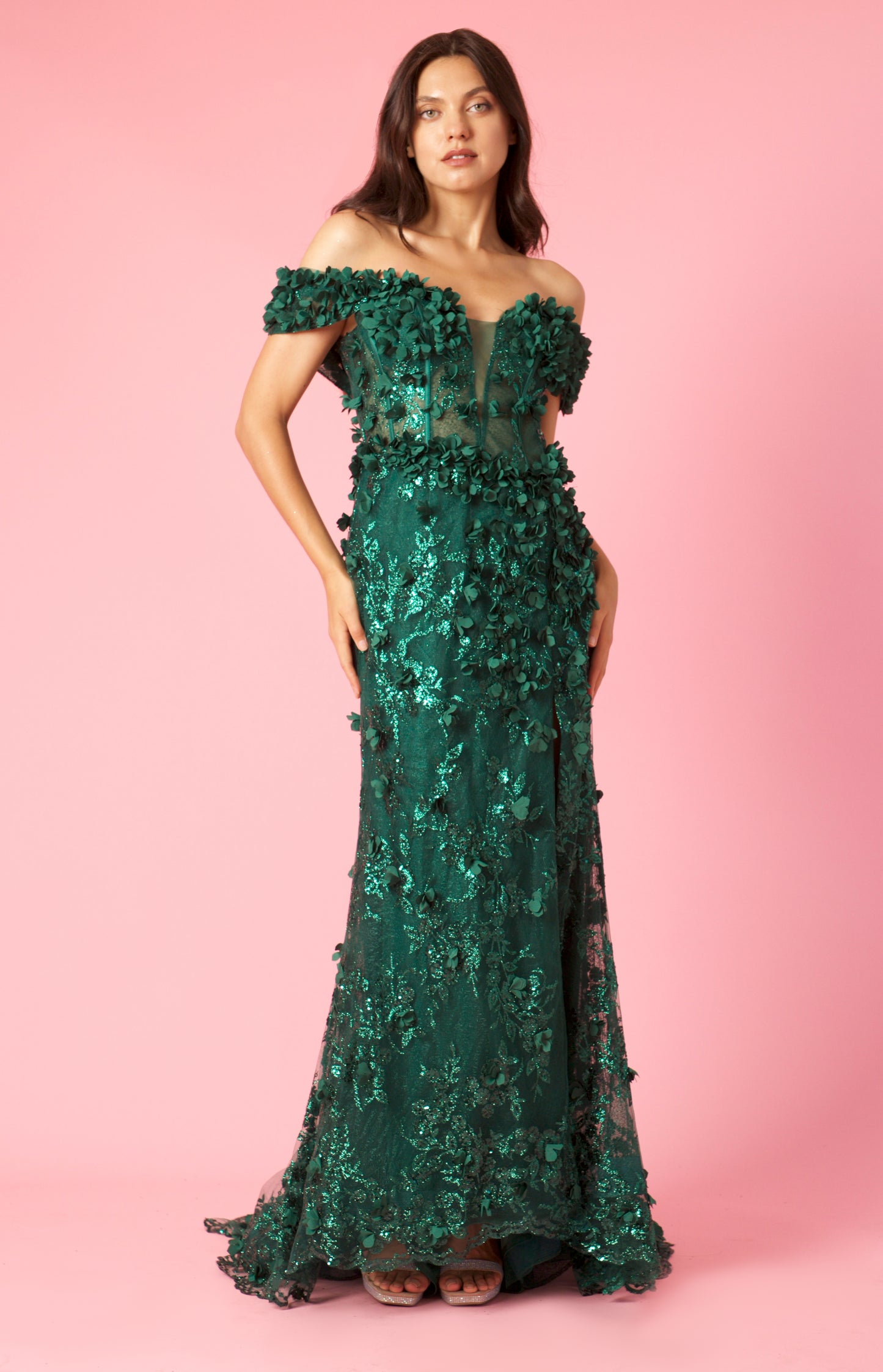 Formal Dresses Long Formal Off the Shoulder 3D Floral Corset Dress  Emerald Green