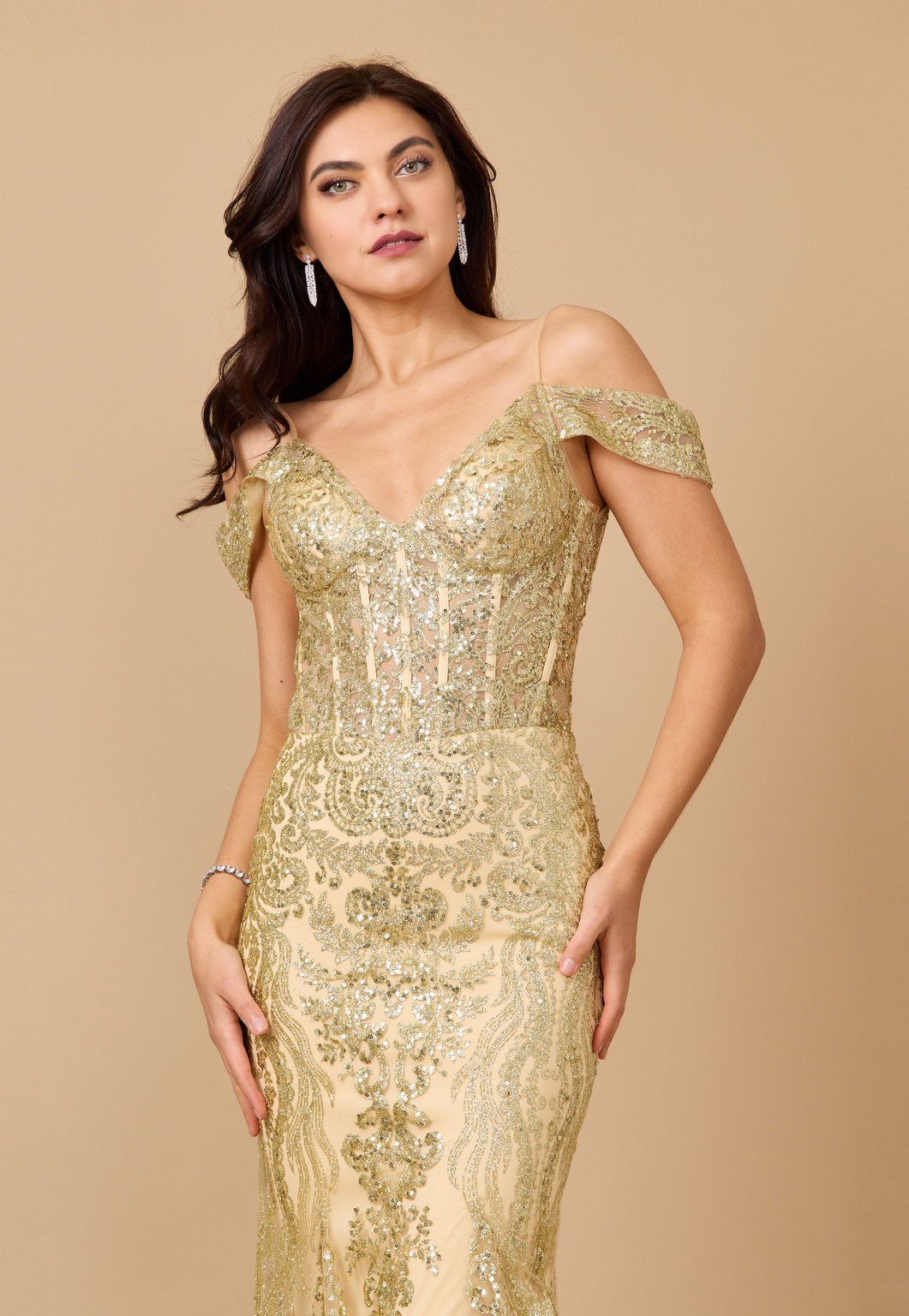 Formal Dresses Off Shoulder Sequin Corset Formal Dress Gold