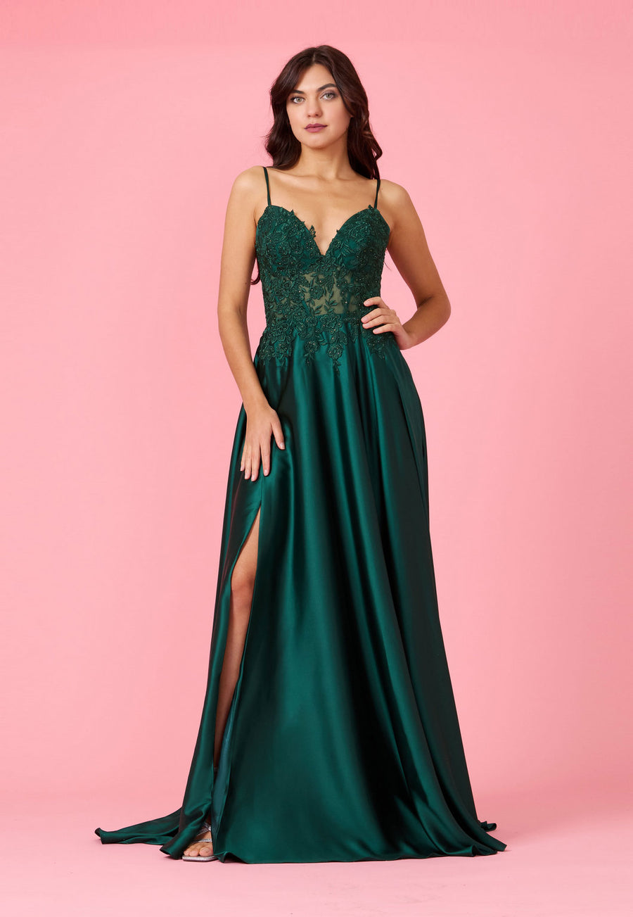 Prom Dresses Long Chiffon Lace Illusion Formal Prom Dress Emerlad Green