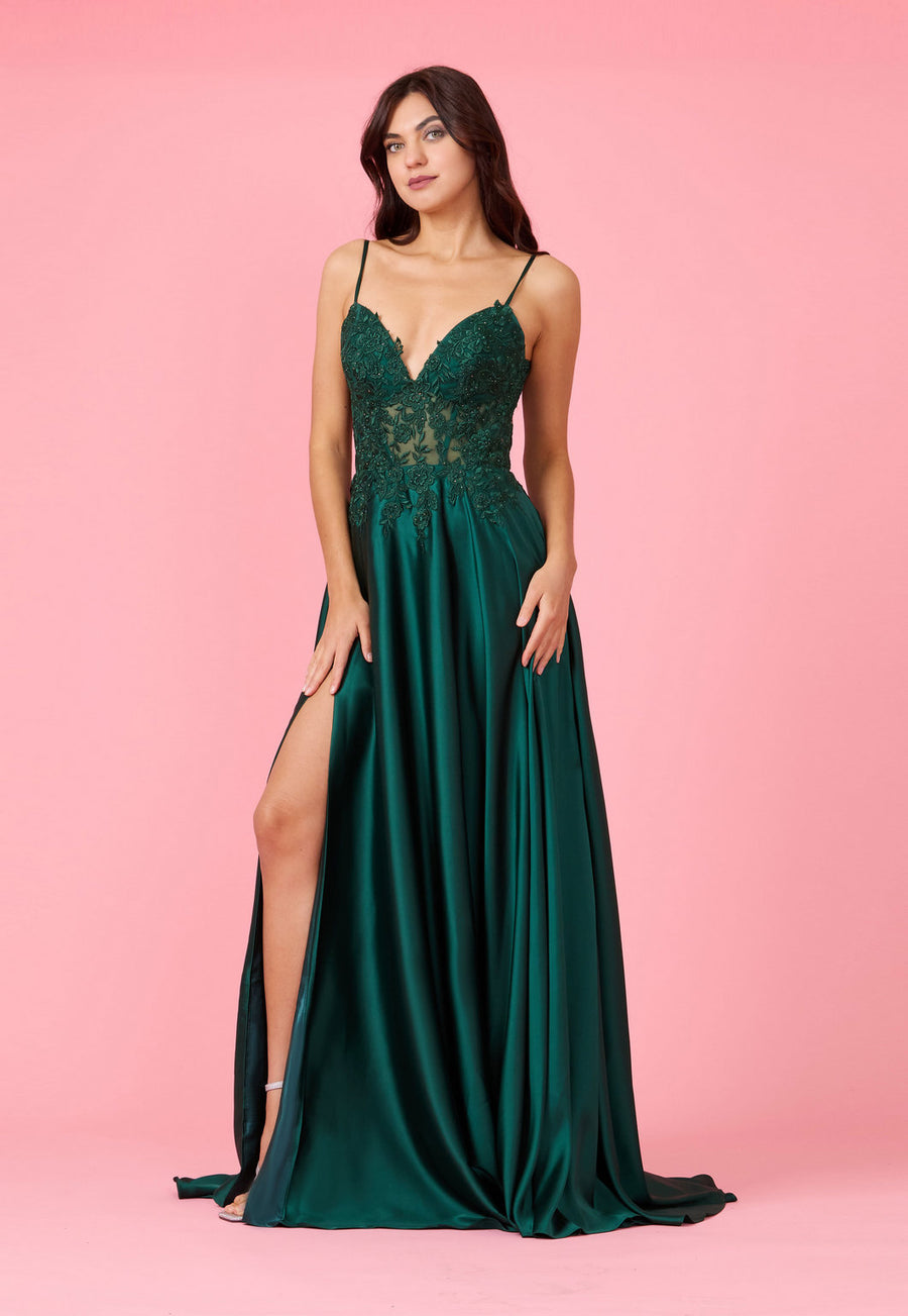 Prom Dresses Long Chiffon Lace Illusion Formal Prom Dress Emerlad Green