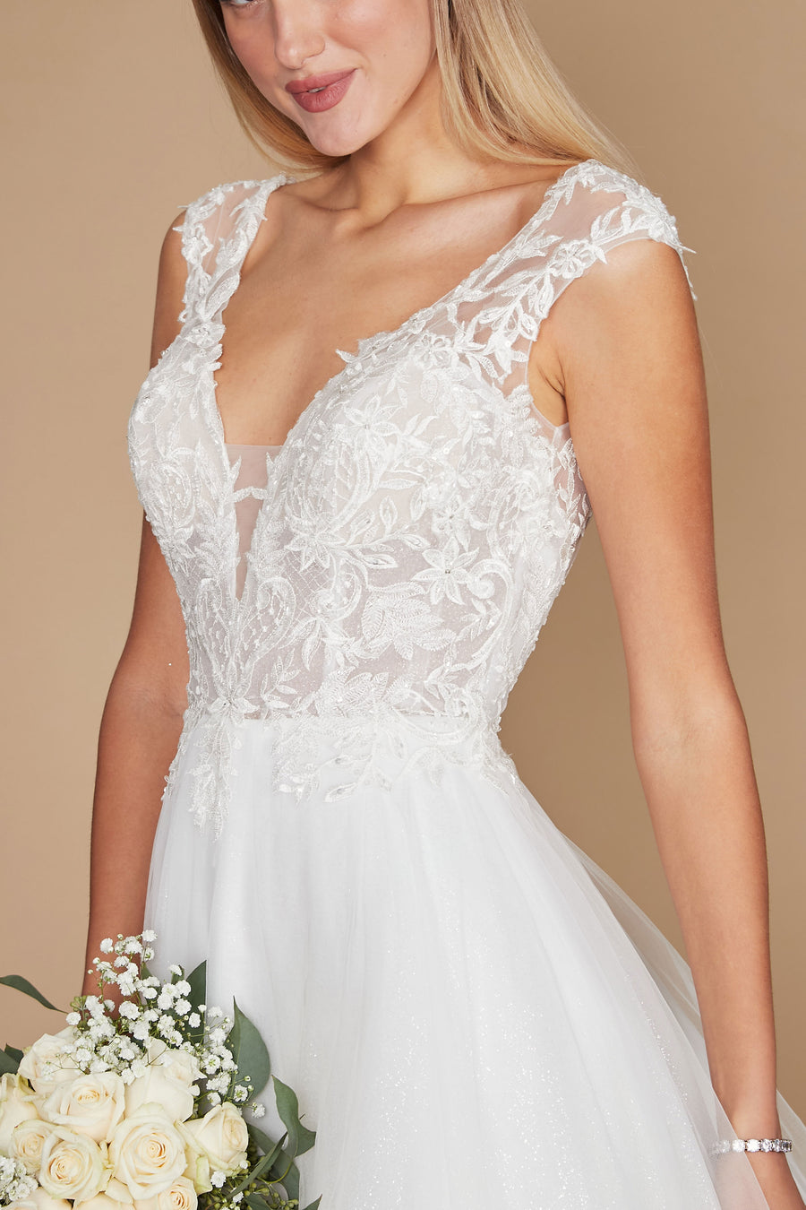 Wedding Dresses Long Cap Sleeve Lace Wedding Dress Off White