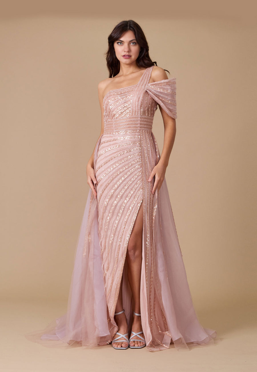 Formal Dresses Dylan & Davids Long Couture Hand Beaded Cold Shoulder Formal Dress Rose Gold