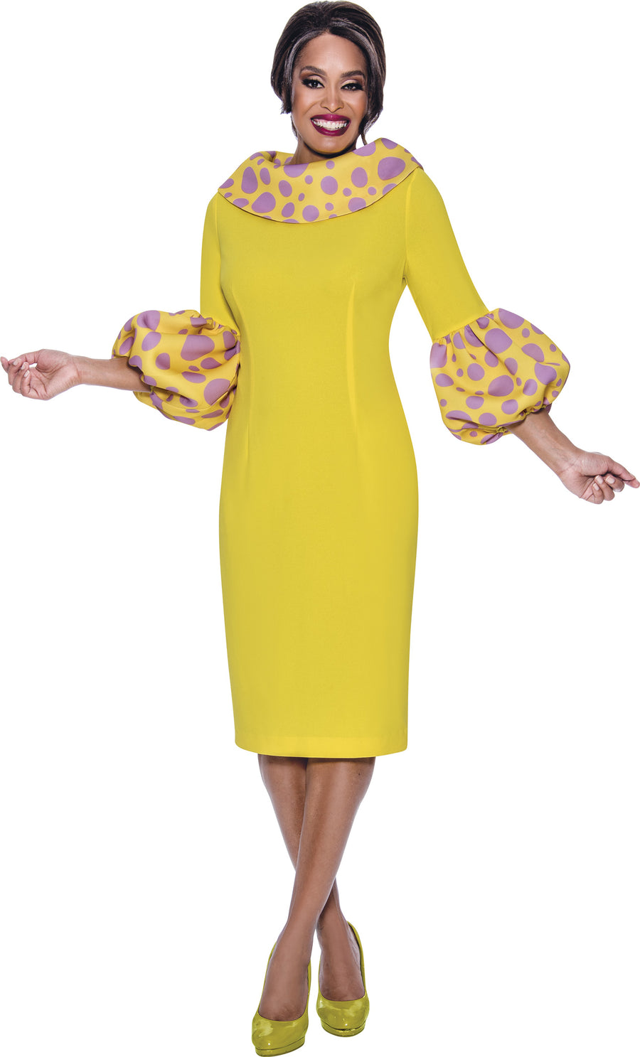 Plus Size Dresses Quarter Sleeve Fitted Midi Dress Yellow/Lavender