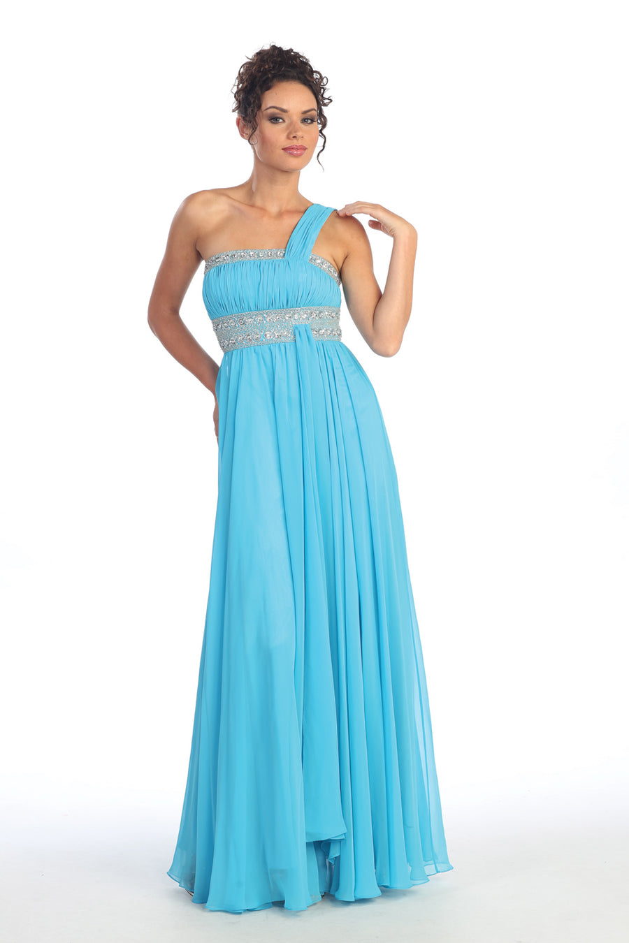 One Shoulder Long Prom Empire Dress - The Dress Outlet Elizabeth K Aqua