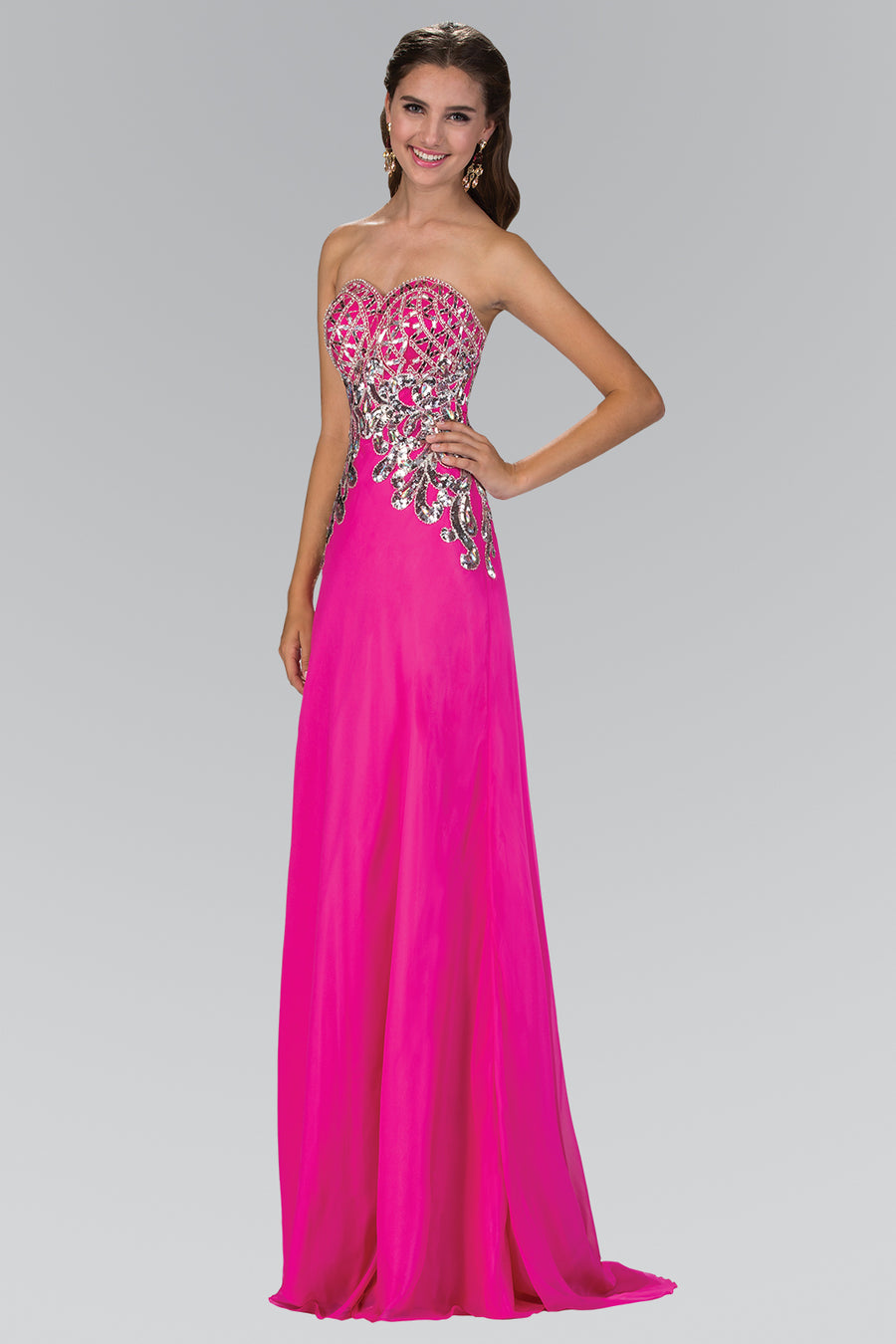 Long Prom Strapless Beaded Chiffon Formal Dress - The Dress Outlet Elizabeth K Fuchsia