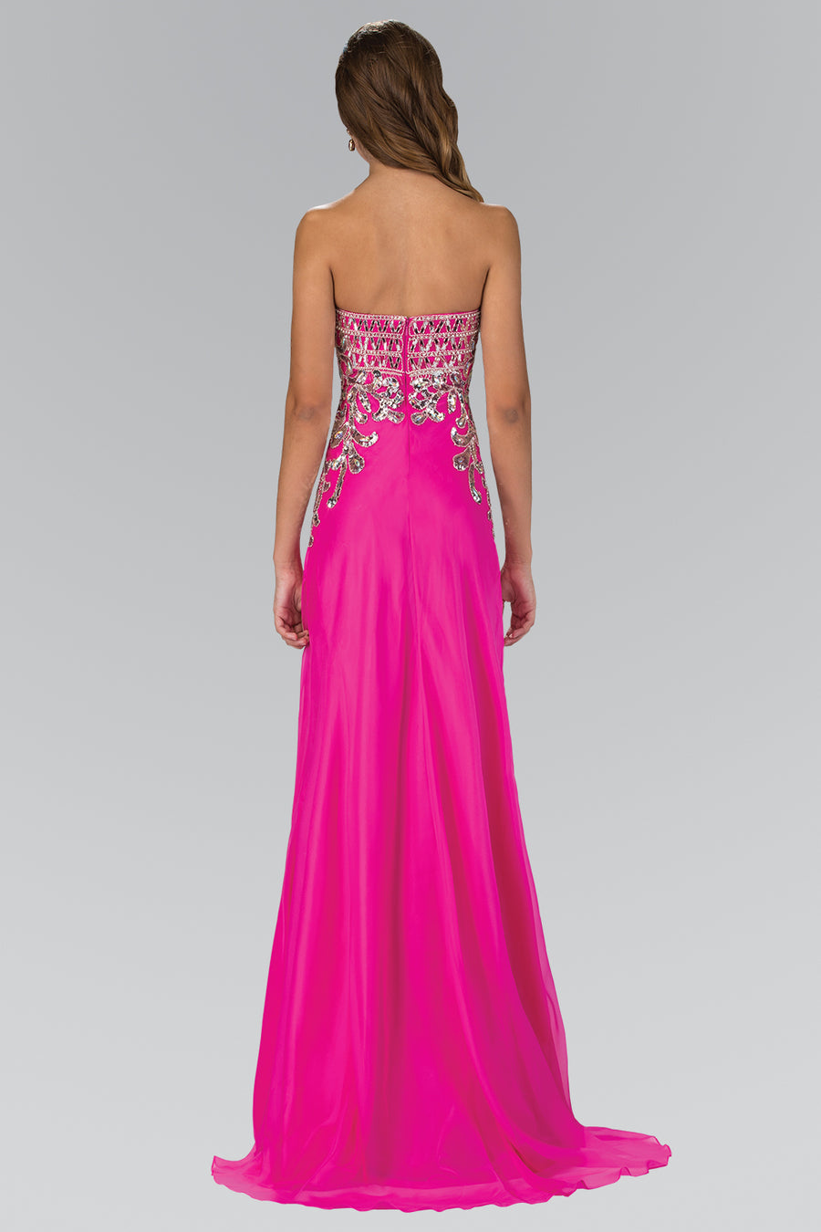 Long Prom Strapless Beaded Chiffon Formal Dress - The Dress Outlet Elizabeth K Fuchsia