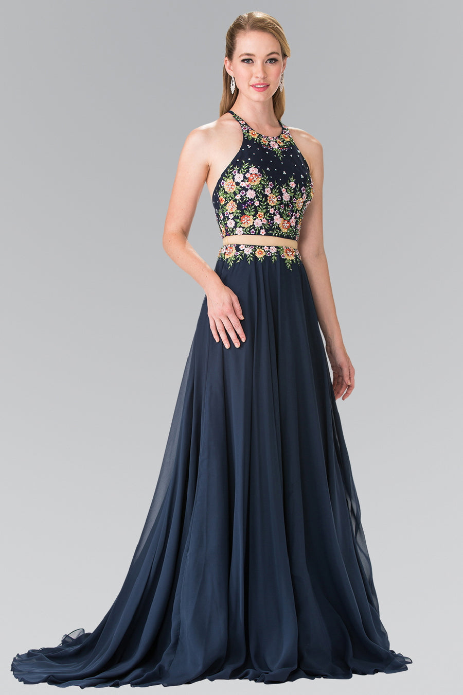 High-Neck Mock Two-Piece Long Prom Dress Formal - The Dress Outlet Elizabeth K Navy