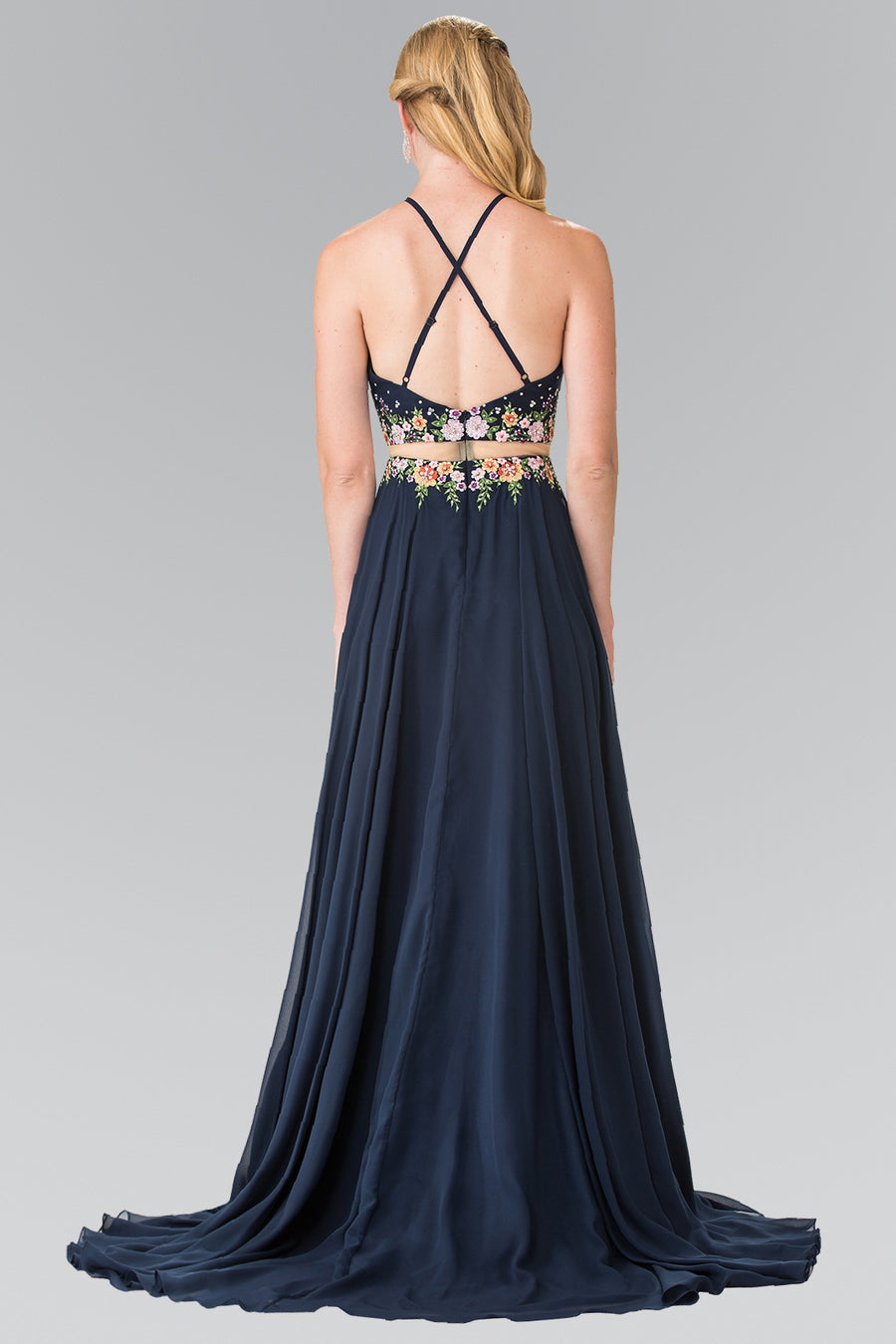 High-Neck Mock Two-Piece Long Prom Dress Formal - The Dress Outlet Elizabeth K Navy